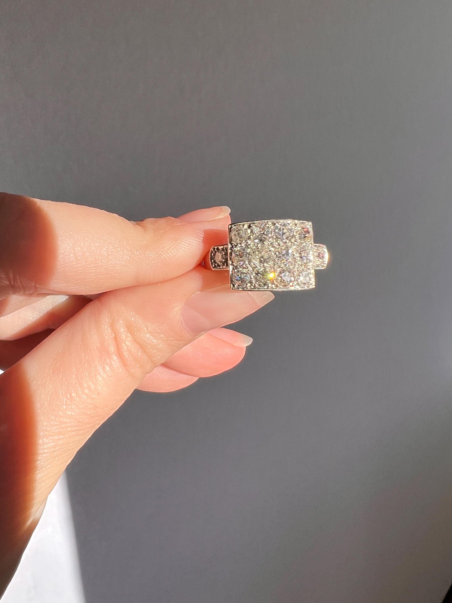 CURVED Two Carat 14 Old Mine Cut DIAMOND Cluster Grid Ring French Antique Platinum Geometric Stacker Cobblestone Texture Romantic Gift OmC