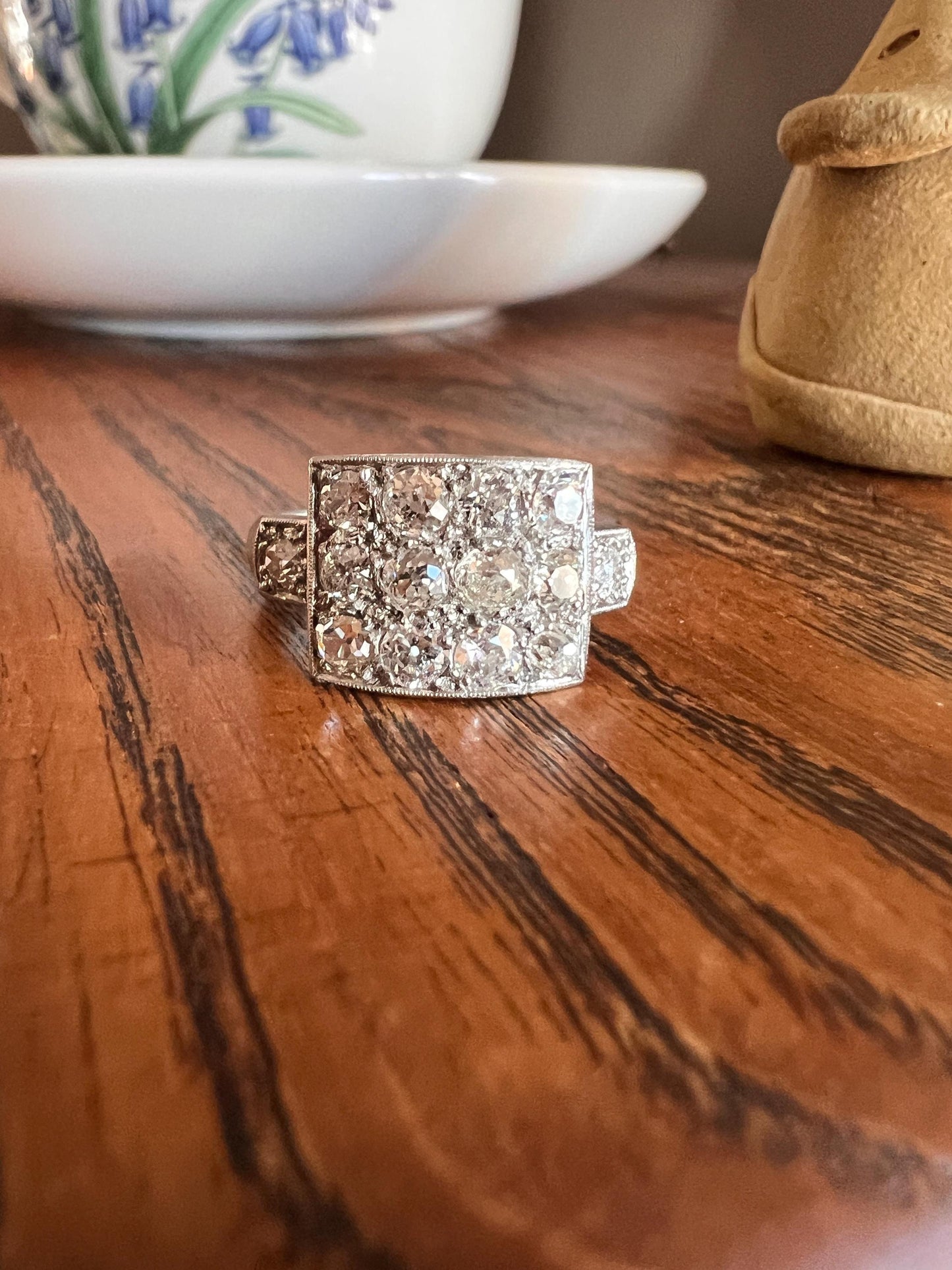 CURVED Two Carat 14 Old Mine Cut DIAMOND Cluster Grid Ring French Antique Platinum Geometric Stacker Cobblestone Texture Romantic Gift OmC