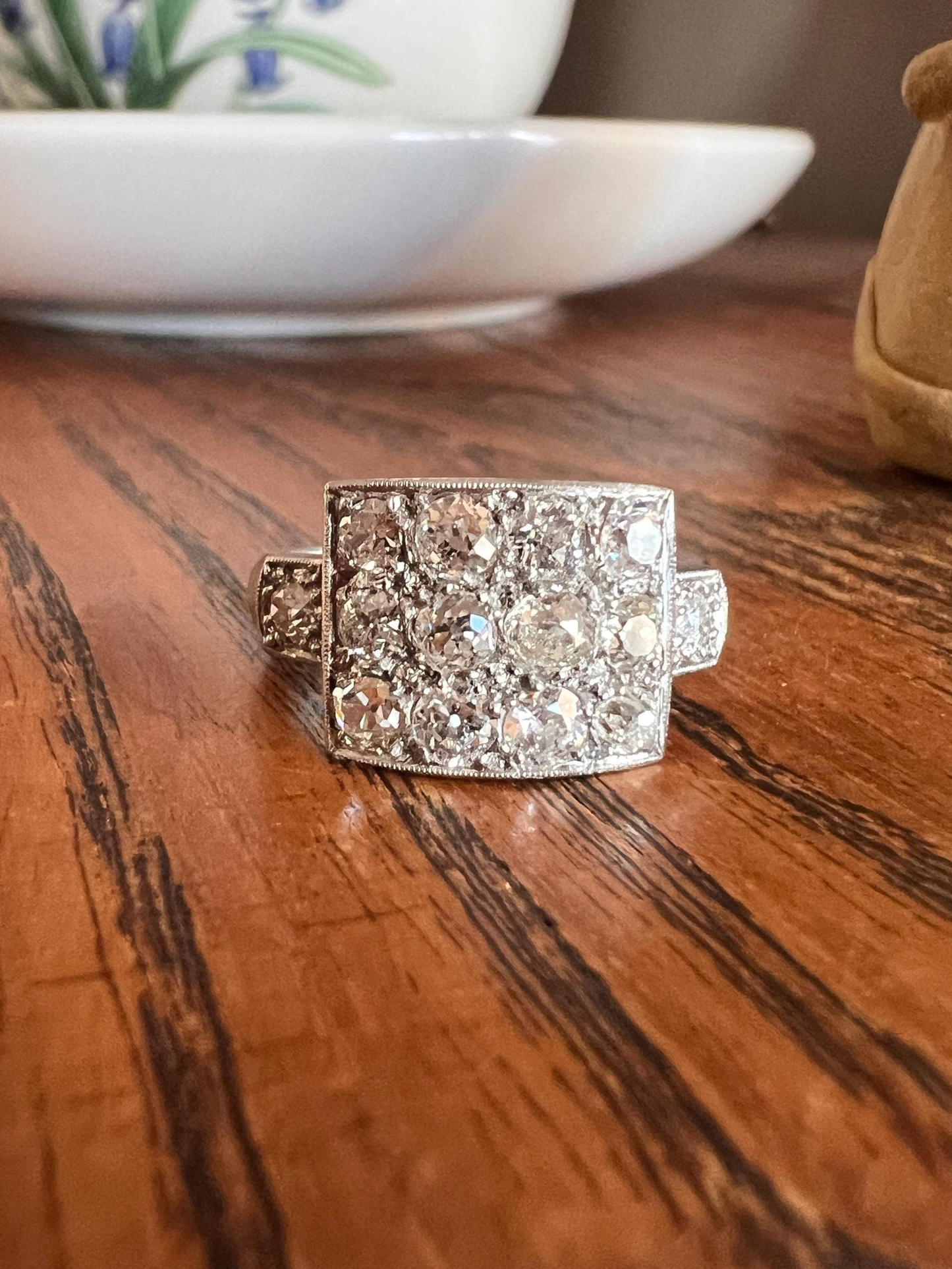 Two Carat 14 Old Mine Cut DIAMOND Curved Cluster Grid Ring French Antique Platinum Cobblestone