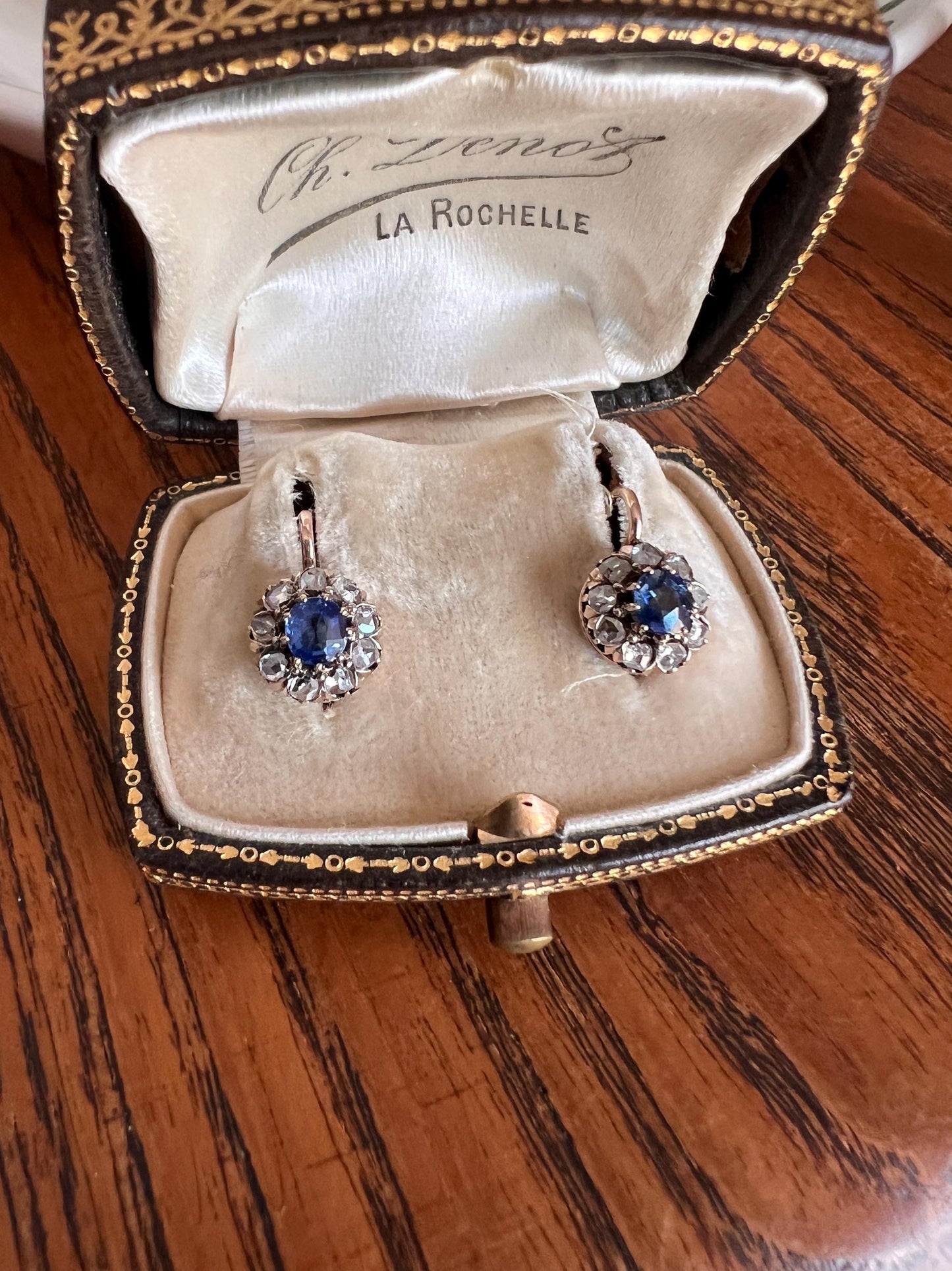 Antique Blue SAPPHIRE .7 Carat Rose Cut DIAMOND Halo Earrings 14k Gold Victorian Dangle Dormeuse Gift Bridal Something Old Blue Holiday Gift