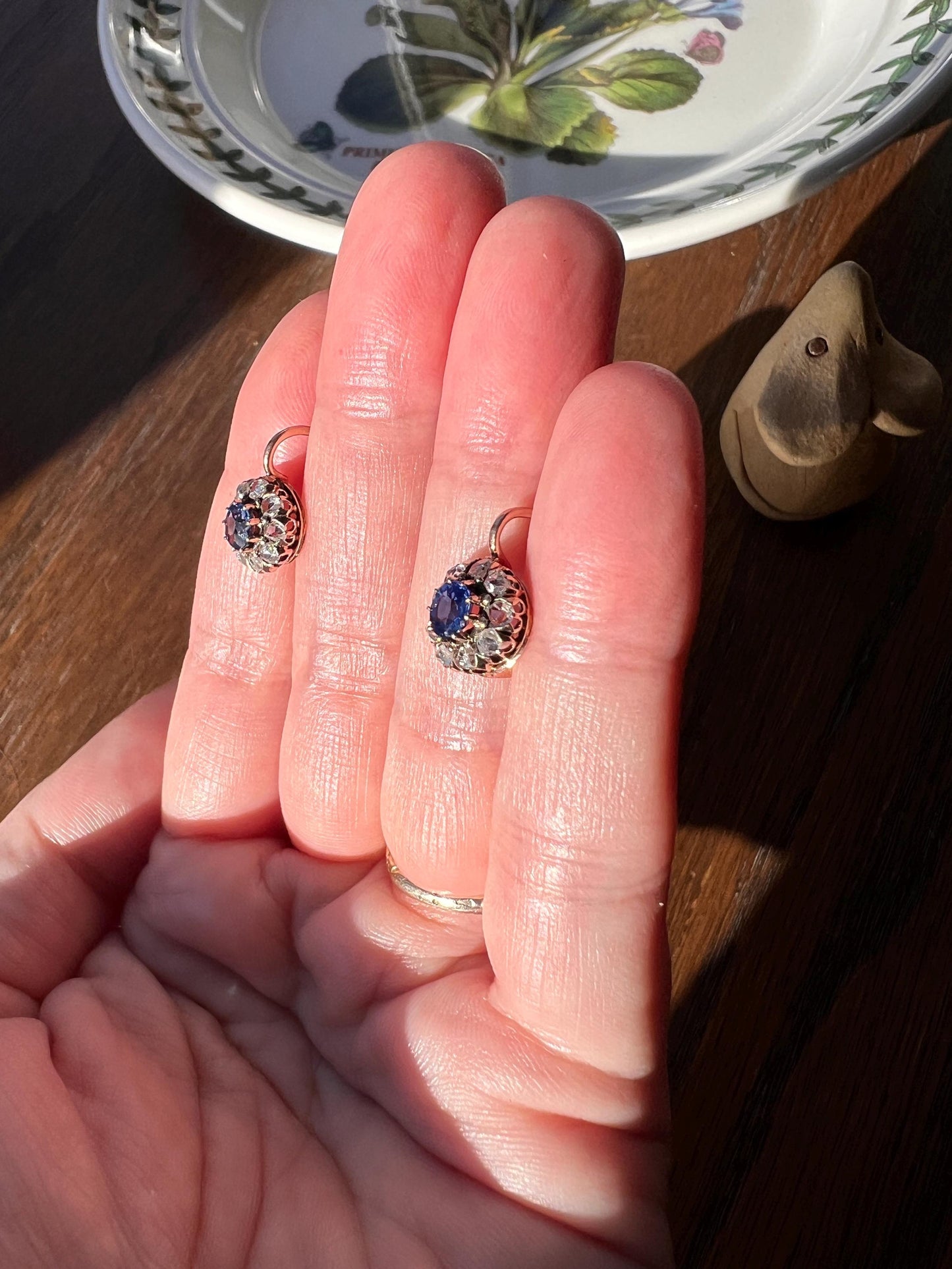 Antique Blue SAPPHIRE .7 Carat Rose Cut DIAMOND Halo Earrings 14k Gold Victorian Dangle Dormeuse Gift Bridal Something Old Blue Holiday Gift