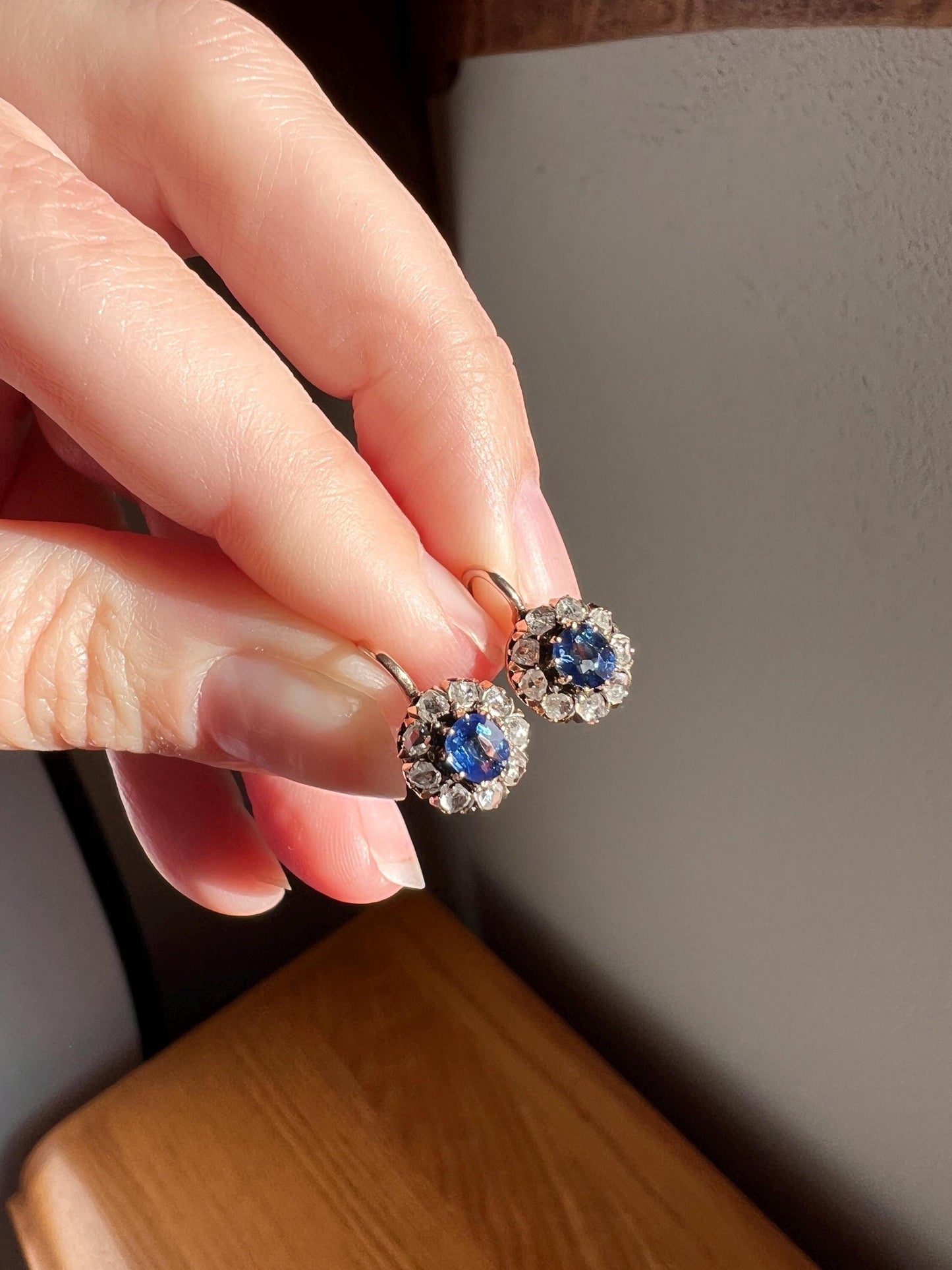 Antique Blue SAPPHIRE .7 Carat Rose Cut DIAMOND Halo Earrings 14k Gold Victorian Dangle Dormeuse Gift Bridal Something Old Blue Holiday Gift