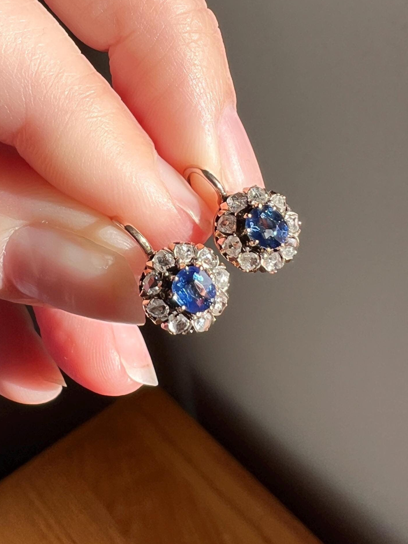 Antique Blue SAPPHIRE .7 Carat Rose Cut DIAMOND Halo Earrings 14k Gold Victorian Dangle Dormeuse Gift Bridal Something Old Blue Holiday Gift