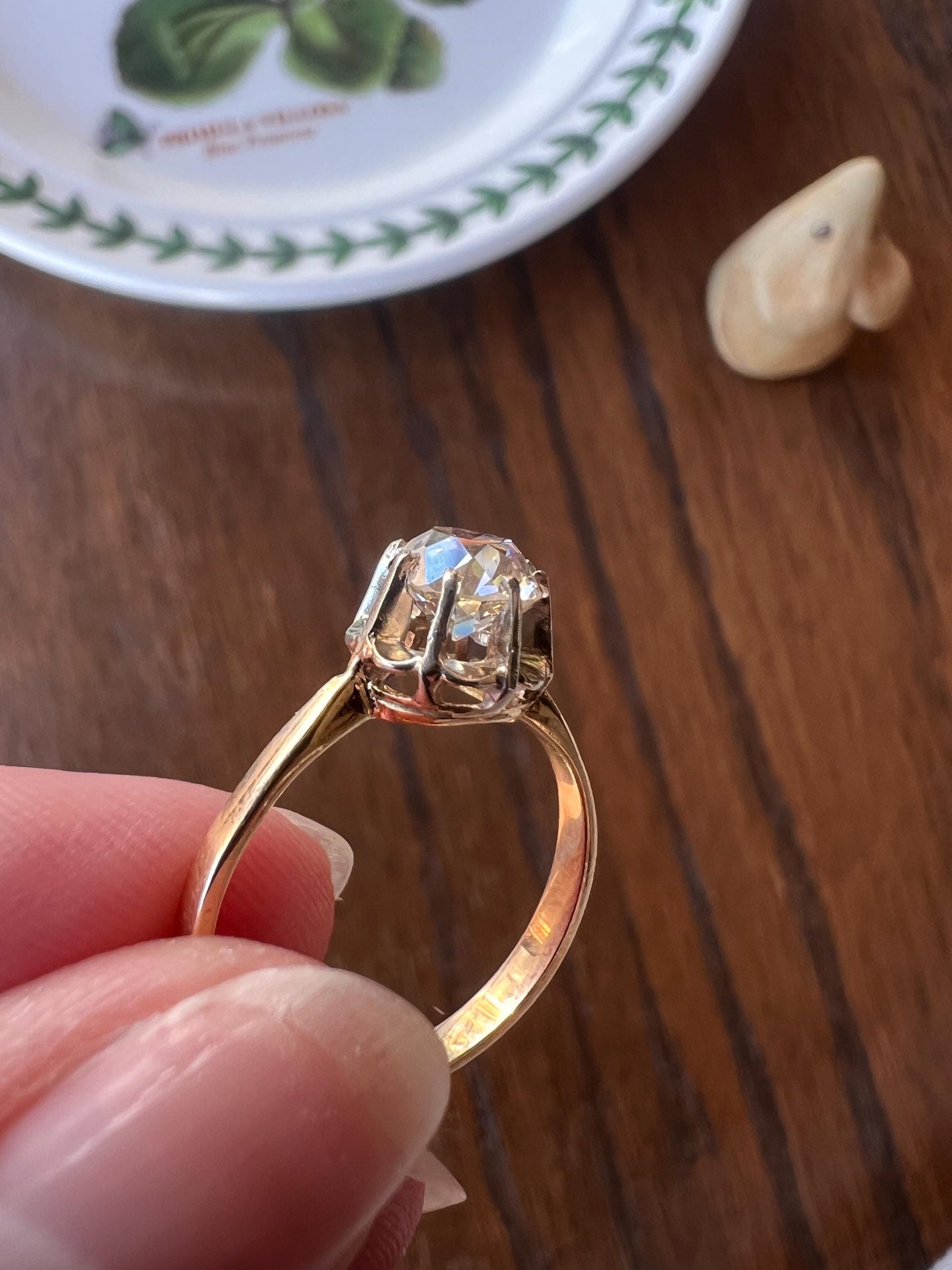 Old Mine Cut DIAMOND Solitaire Ring .9 Carat Eye Clean French Victorian Antique Engagement Ring 18k Gold Illusion Romantic Gift Stacker OMC