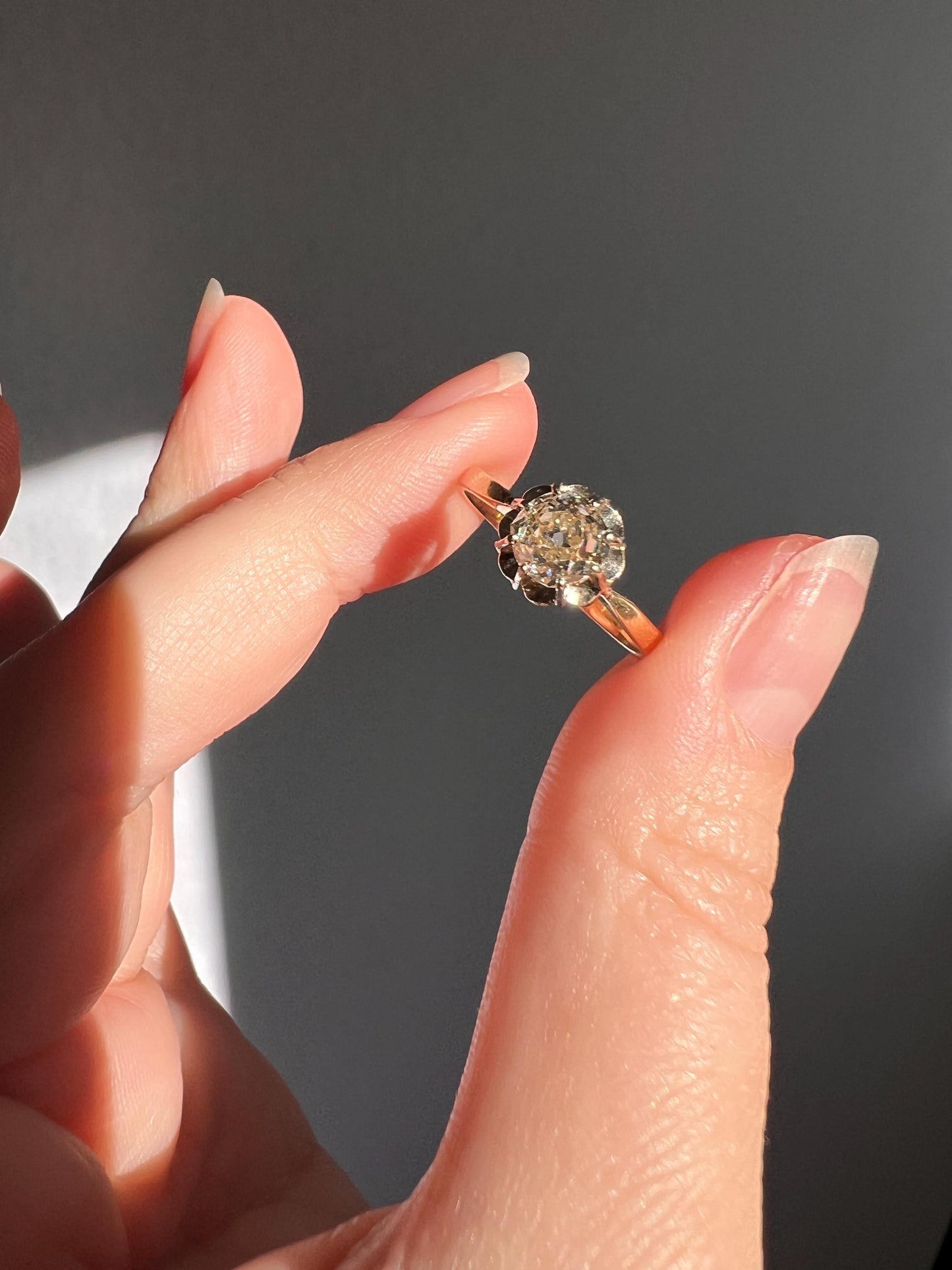 Old Mine Cut DIAMOND Solitaire Ring .9 Carat Eye Clean French Victorian Antique Engagement Ring 18k Gold Illusion Romantic Gift Stacker OMC