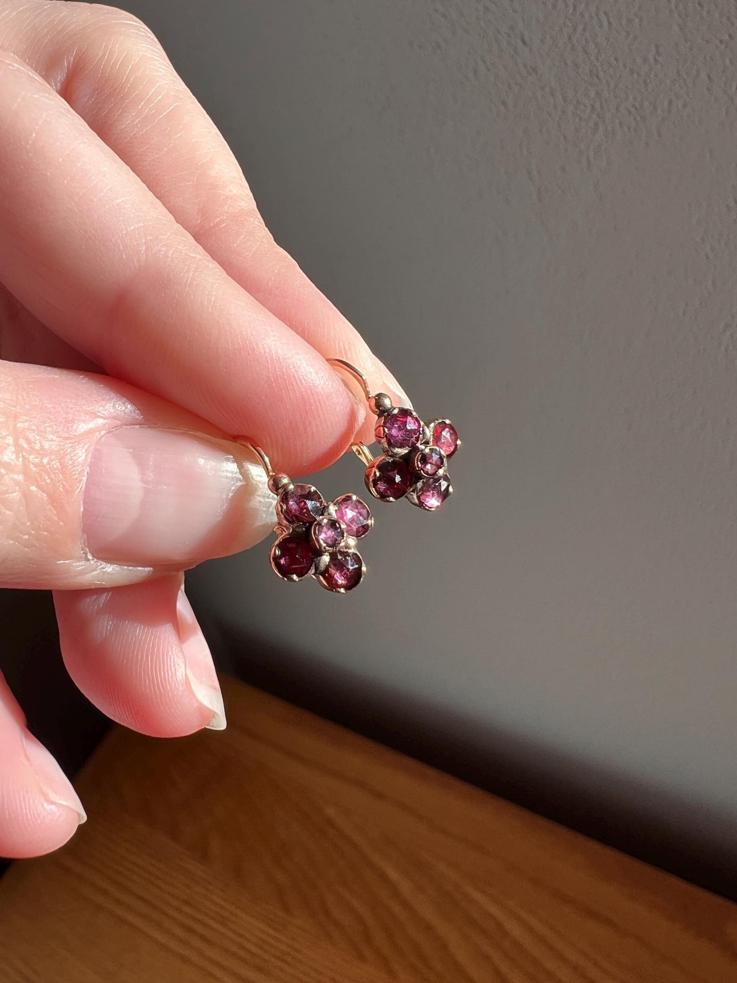 Cruciform Floral FRENCH Perpignan GARNET Antique 18k Gold Earrings Red Holiday Foil Back Victorian Dangle Dormeuse Gift Belle Epoque Bridal