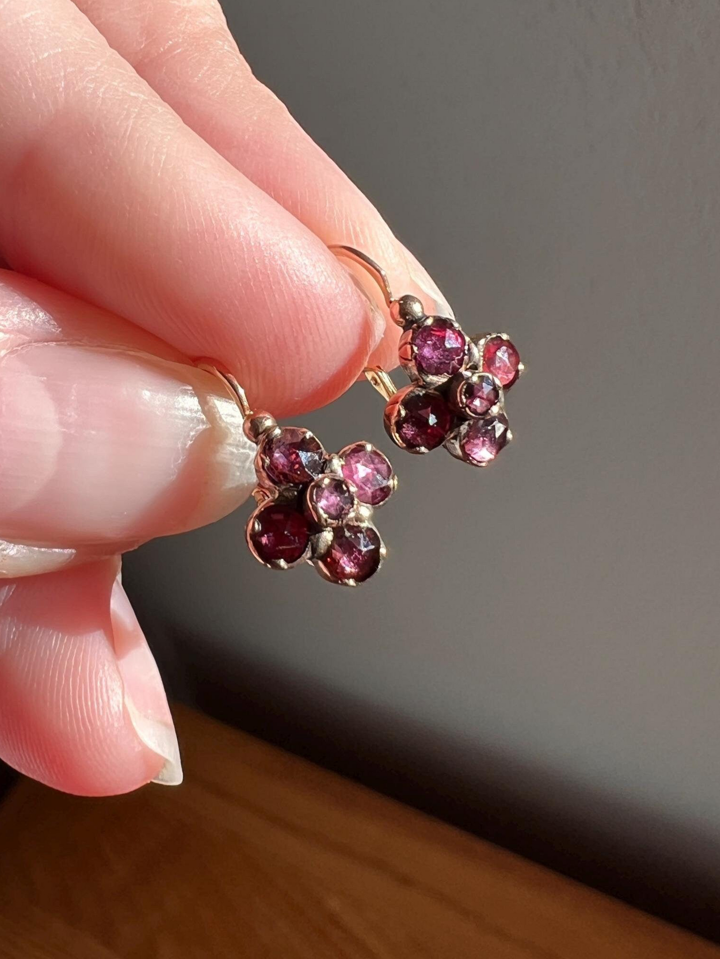 Cruciform Floral FRENCH Perpignan GARNET Antique 18k Gold Earrings Victorian Dangle Dormeuse Gift Belle Epoque Bridal