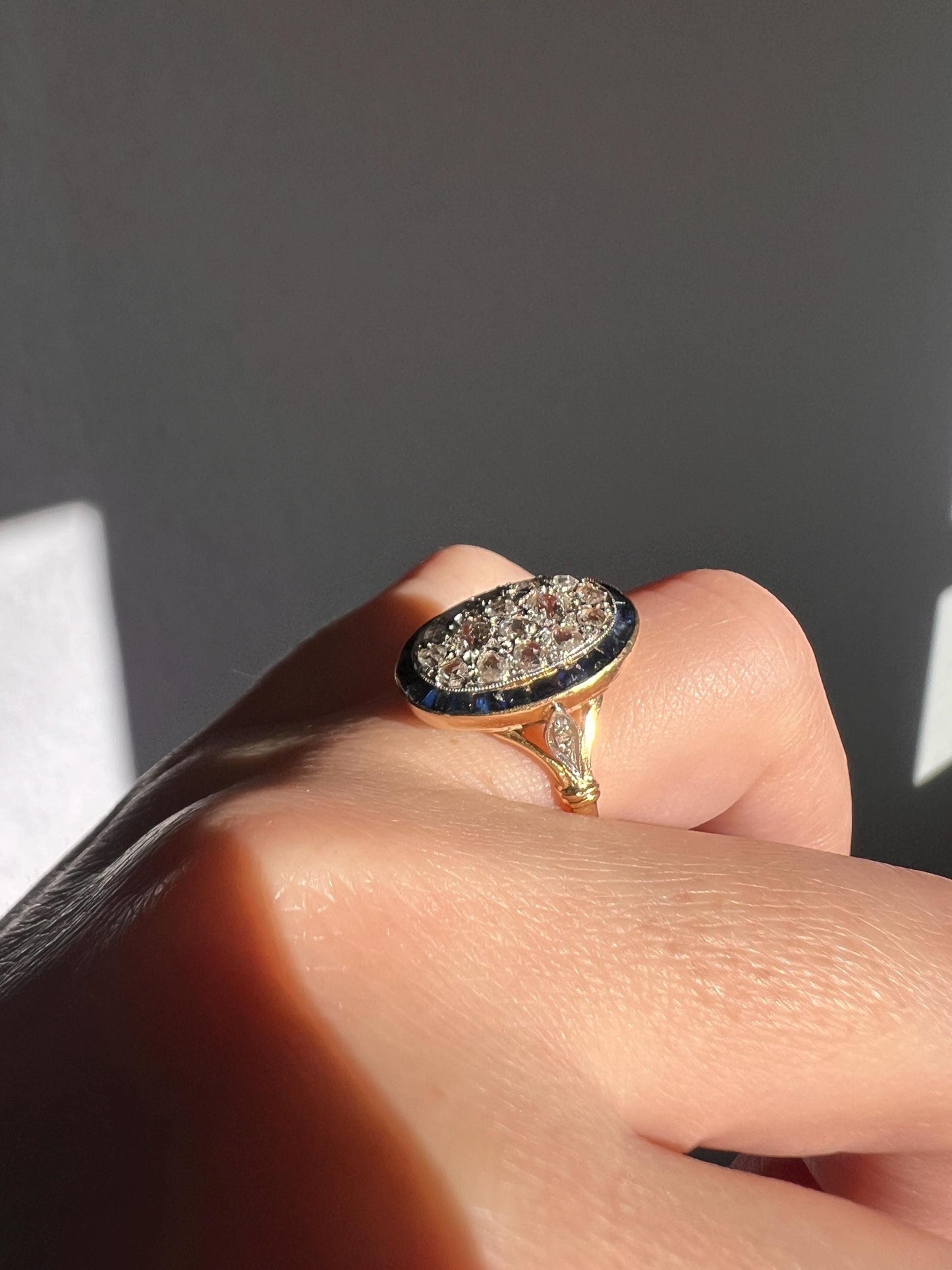 OVAL Rose Old Mine Cut Diamond HALO Ring French Antique 18k Gold Edwardian Carre Square Cut SAPPHIRE Halo Rare Stacker OmC Blue