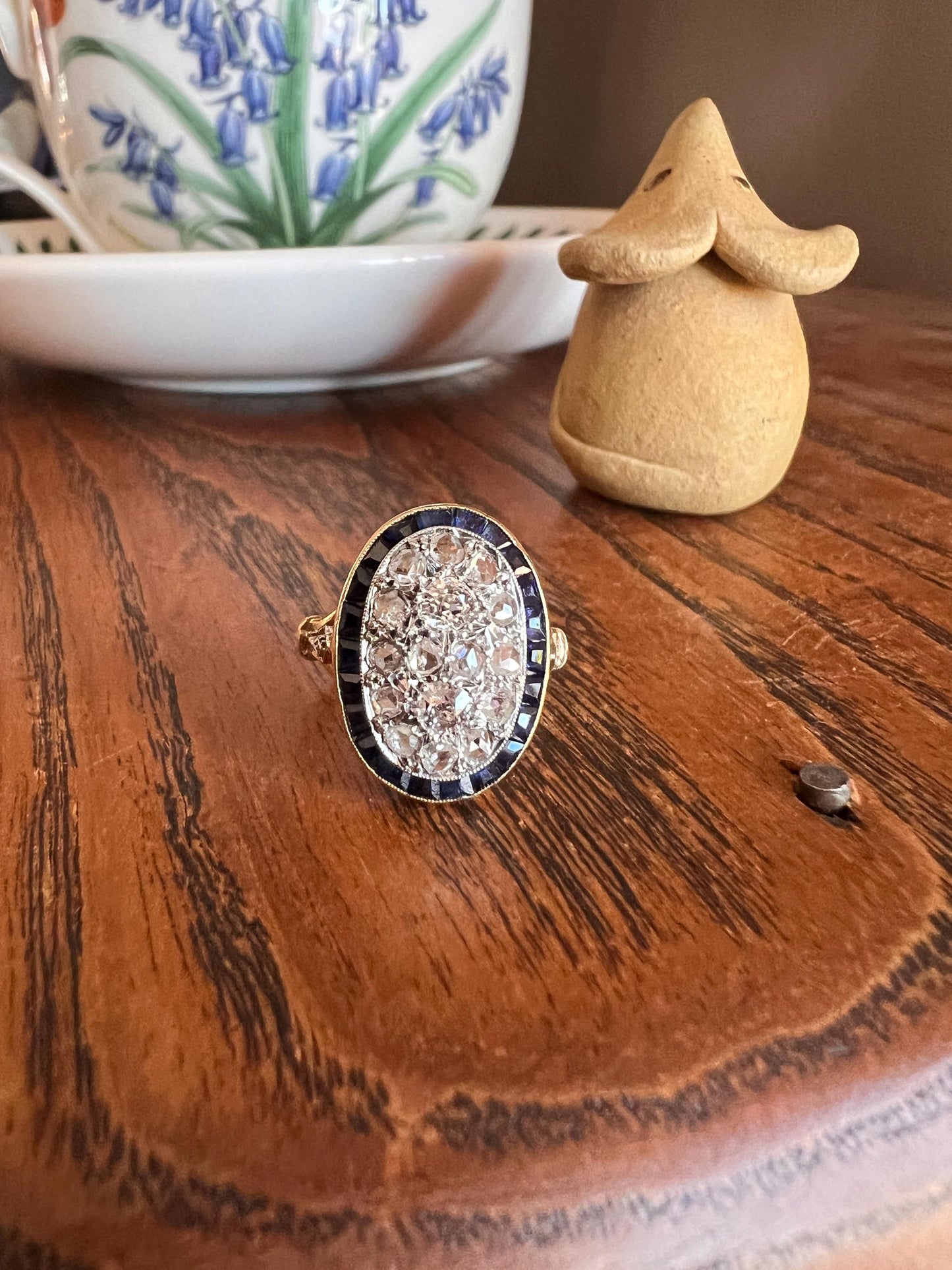 OVAL Rose Old Mine Cut Diamond HALO Ring French Antique 18k Gold Edwardian Carre Square Cut SAPPHIRE Halo Rare Stacker OmC Blue