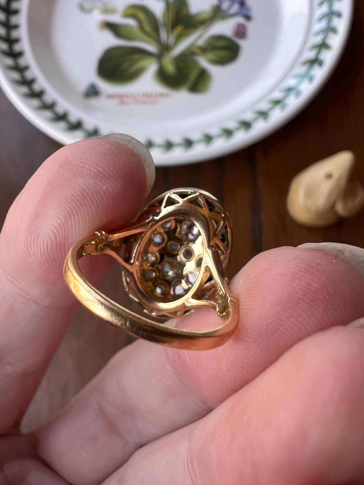 OVAL Rose Old Mine Cut Diamond HALO Ring French Antique 18k Gold Edwardian Carre Square Cut SAPPHIRE Halo Rare Stacker OmC Blue