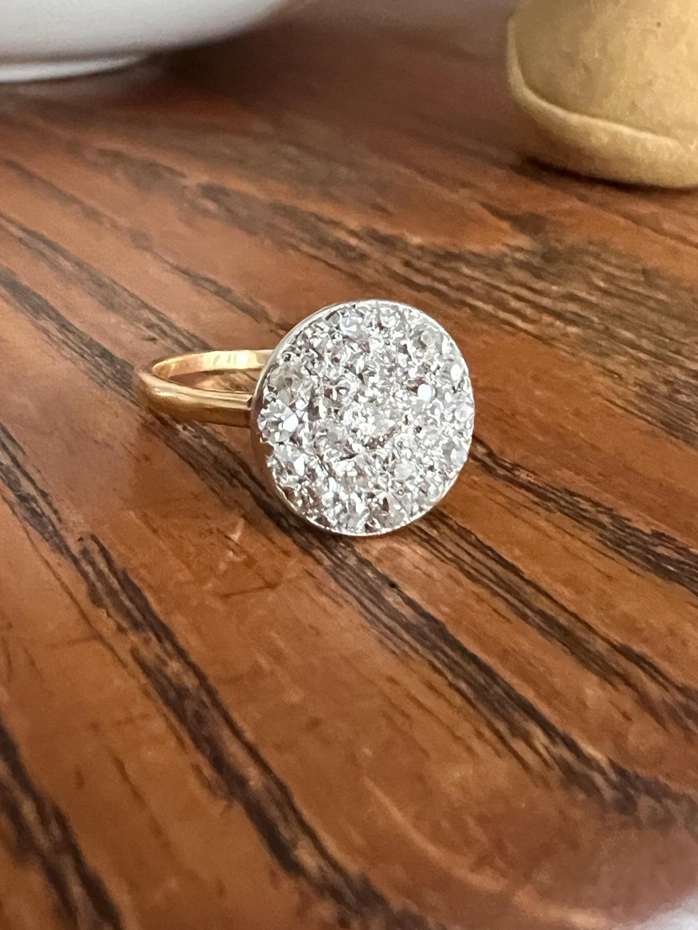 ANTIQUE 1 Carat Pave Old Mine Single Cut DIAMOND Circle Platform Ring Cobblestone Cluster Encrusted Texture 18k Gold