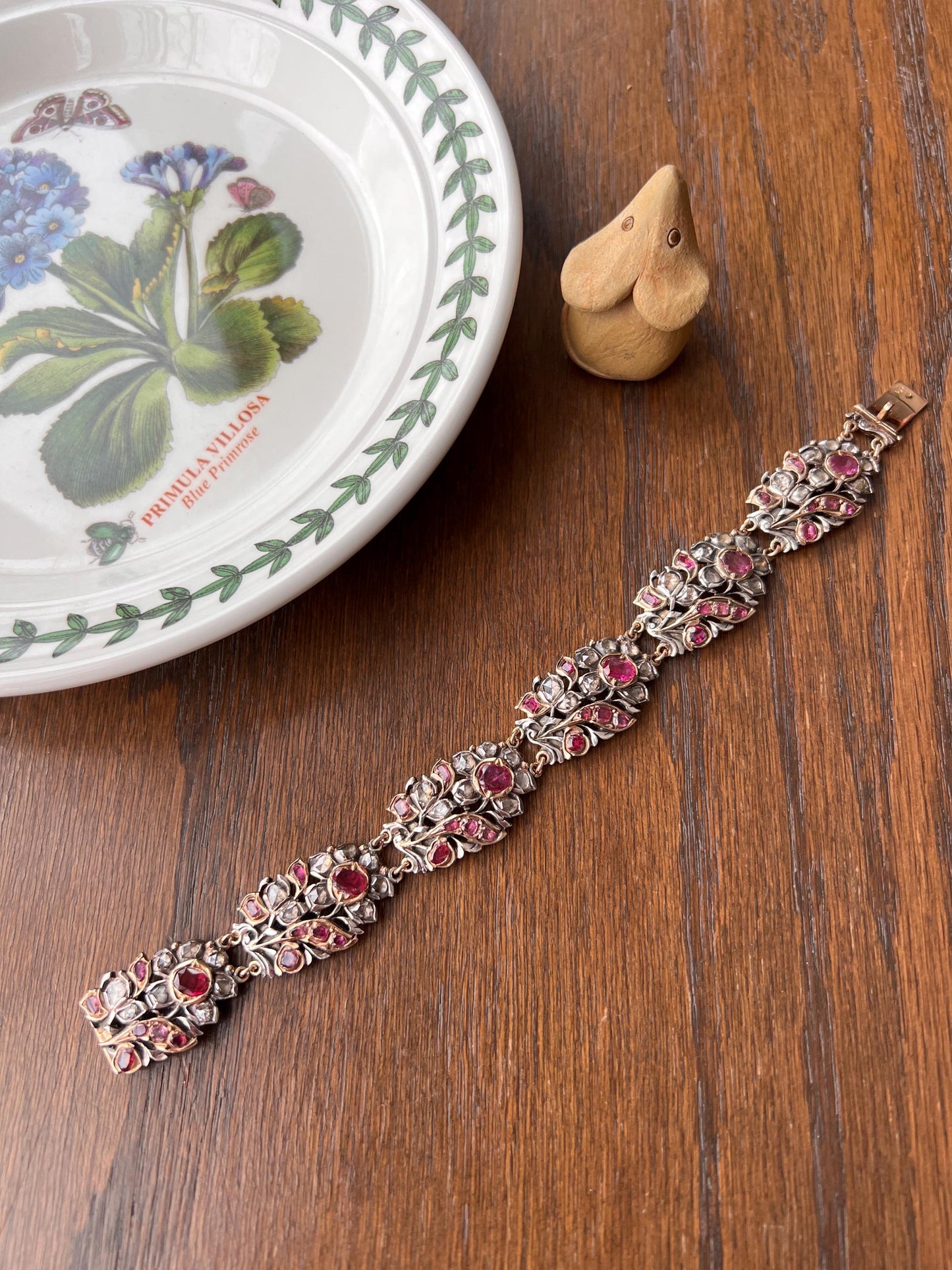 RARE Floral GIARDINETTI Antique Bracelet Flat Cut Ruby Pink Sapphire Rose Cut DIAMOND Figural Link Bracelet Special Georgian 14k Gold Silver