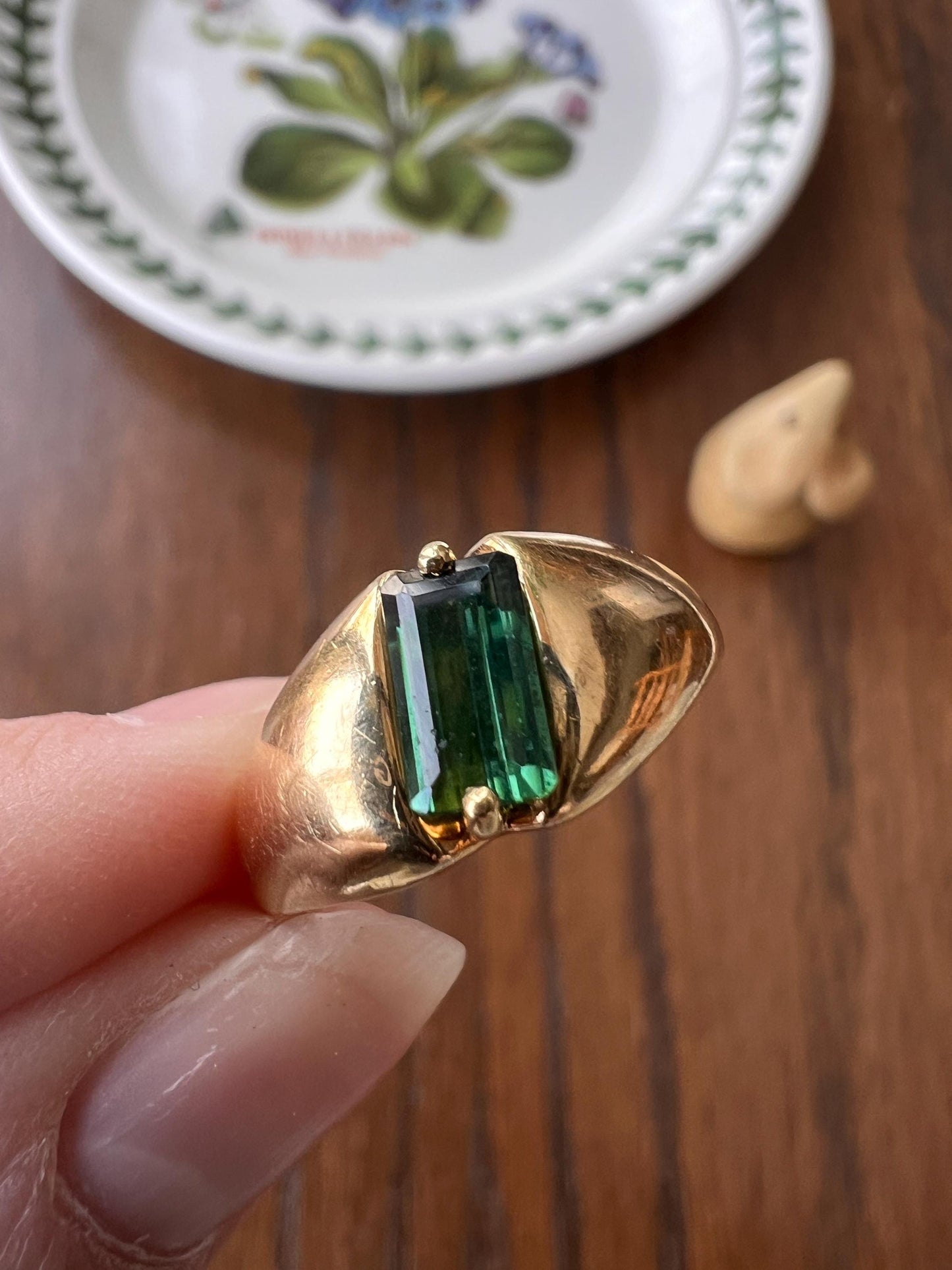 Angled Green TOURMALINE Geometric Gypsy Band Ring French Vintage 18k Gold Unisex Step Emerald Cut Unique Stacker Romantic Gift Man Or