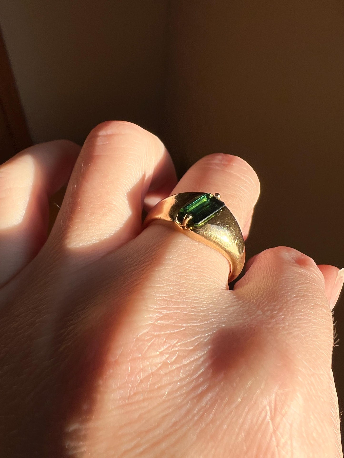 Angled Green TOURMALINE Geometric Gypsy Band Ring French Vintage 18k Gold Unisex Step Emerald Cut Unique Stacker Romantic Gift Man Or