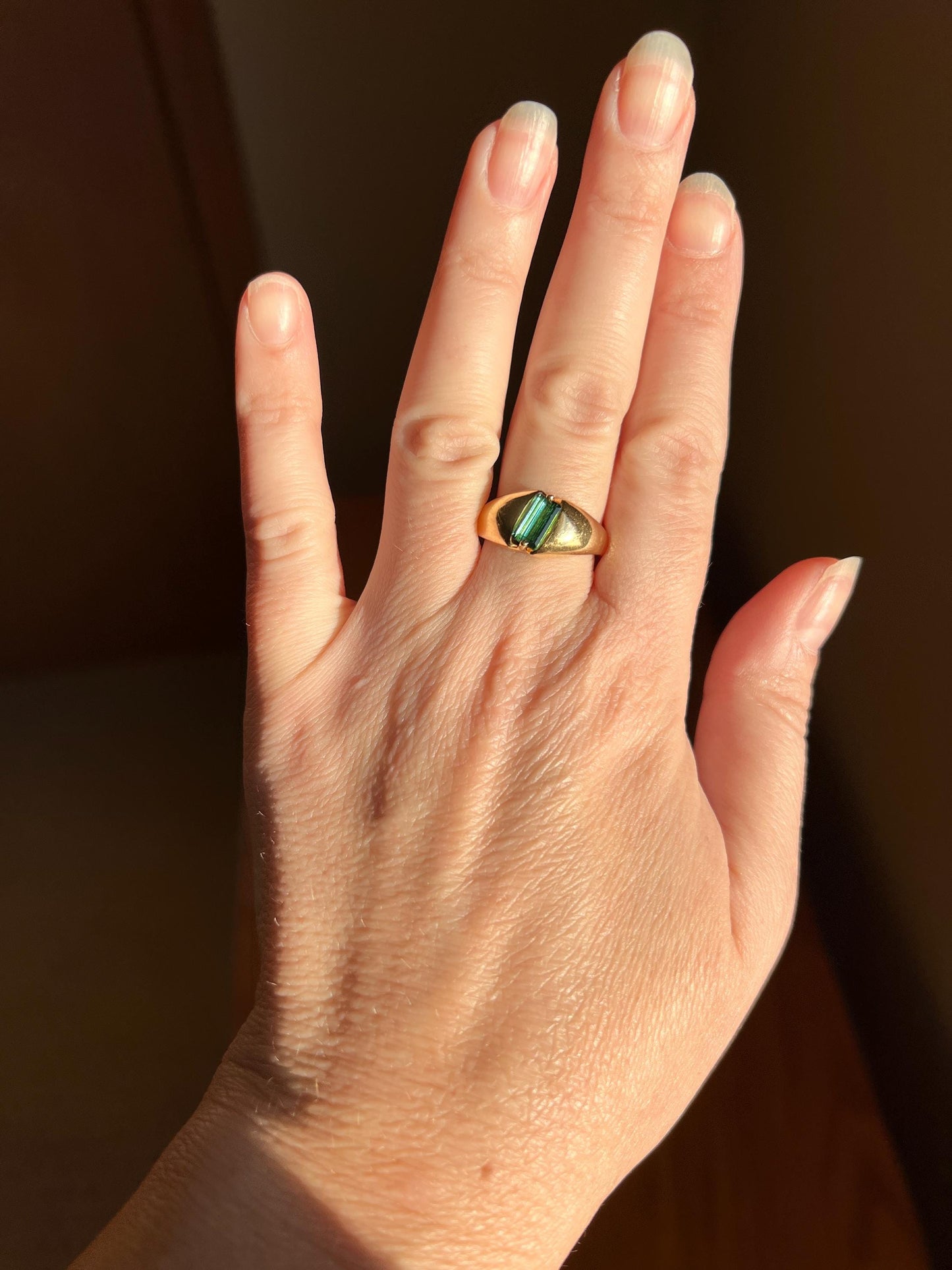 Angled Green TOURMALINE Geometric Gypsy Band Ring French Vintage 18k Gold Unisex Step Emerald Cut Unique Stacker Romantic Gift Man Or