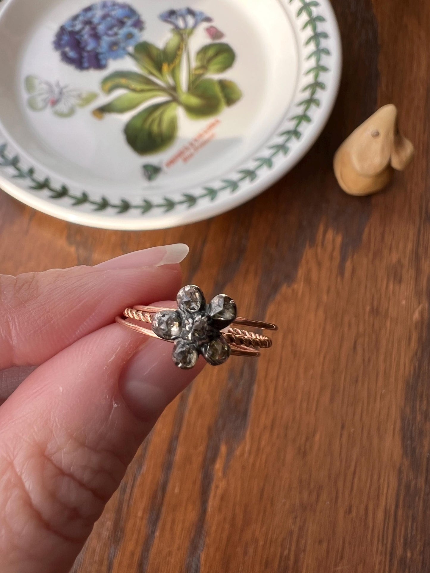 GEORGIAN Antique PANSY Floral Rose Cut Diamond Cluster Slide 18k GOLD Skinny Multi Three Band Stacker Ring French Love Gift Forget Me Not