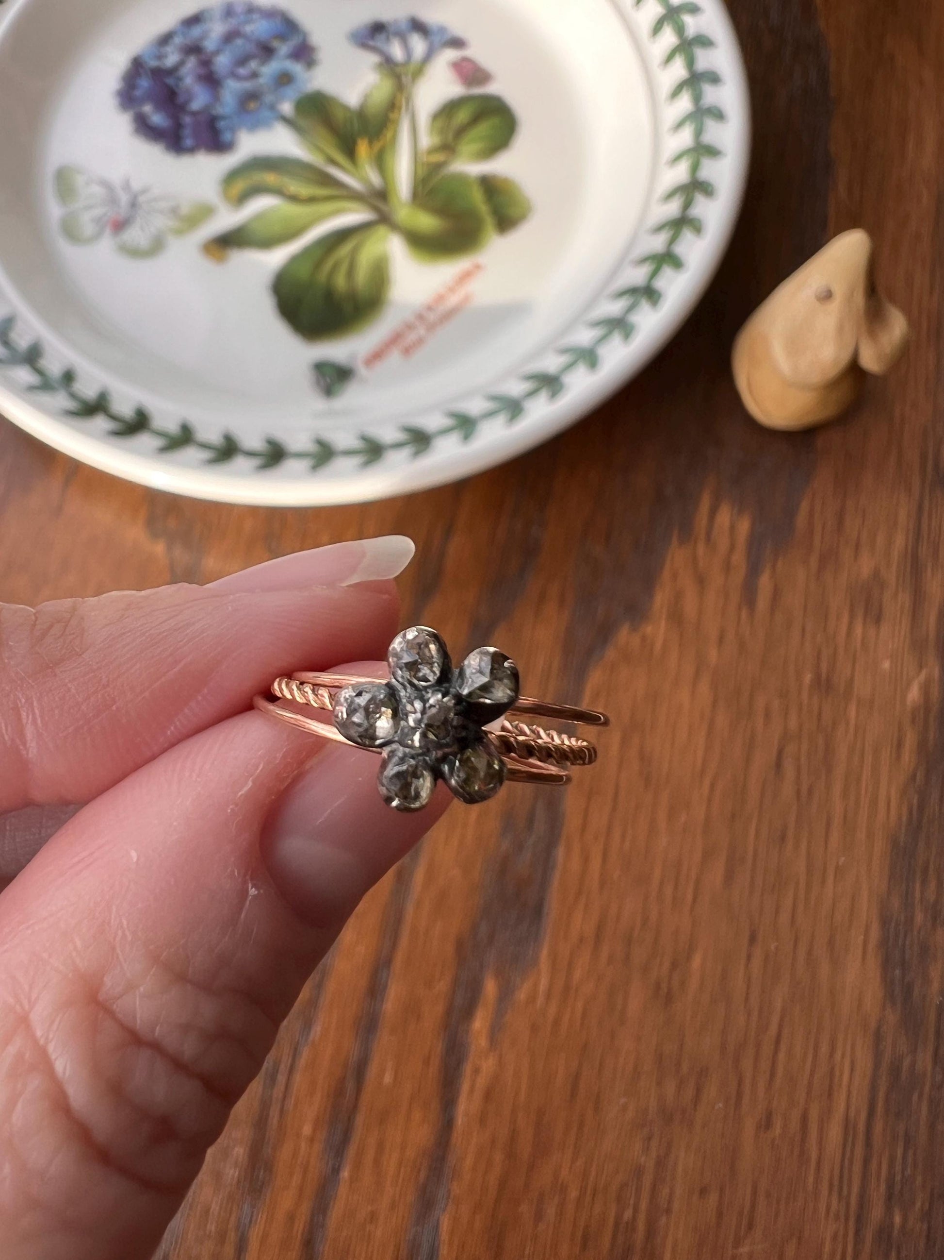 GEORGIAN Antique PANSY Floral Rose Cut Diamond Cluster Slide 18k GOLD Skinny Multi Three Band Stacker Ring French Love Gift Forget Me Not