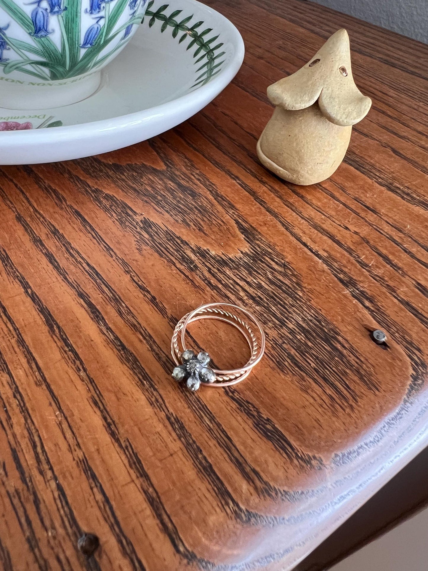 GEORGIAN Antique PANSY Floral Rose Cut Diamond Cluster Slide 18k GOLD Skinny Multi Three Band Stacker Ring French Love Gift Forget Me Not