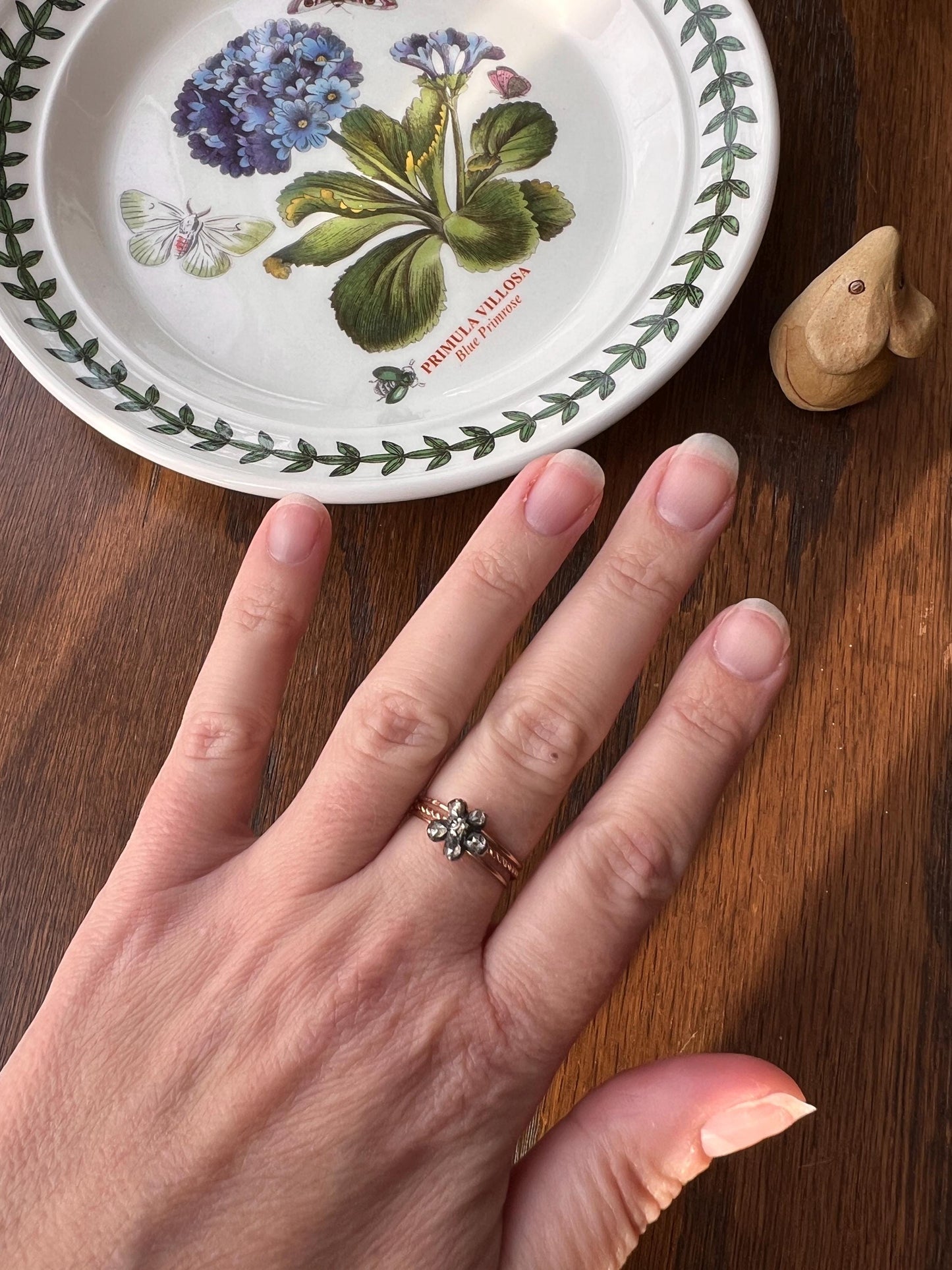 GEORGIAN Antique PANSY Floral Rose Cut Diamond Cluster Slide 18k GOLD Skinny Multi Three Band Stacker Ring French Love Gift Forget Me Not