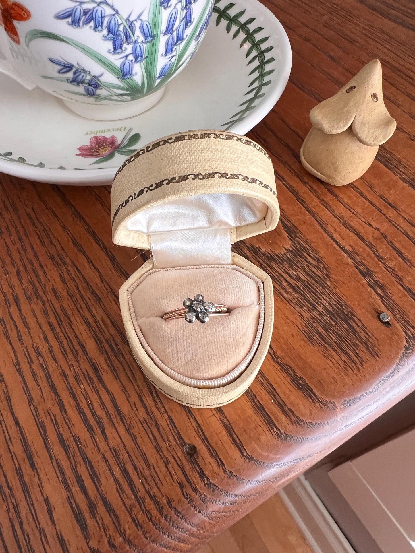 GEORGIAN Antique PANSY Floral Rose Cut Diamond Cluster Slide 18k GOLD Skinny Multi Three Band Stacker Ring French Love Gift Forget Me Not