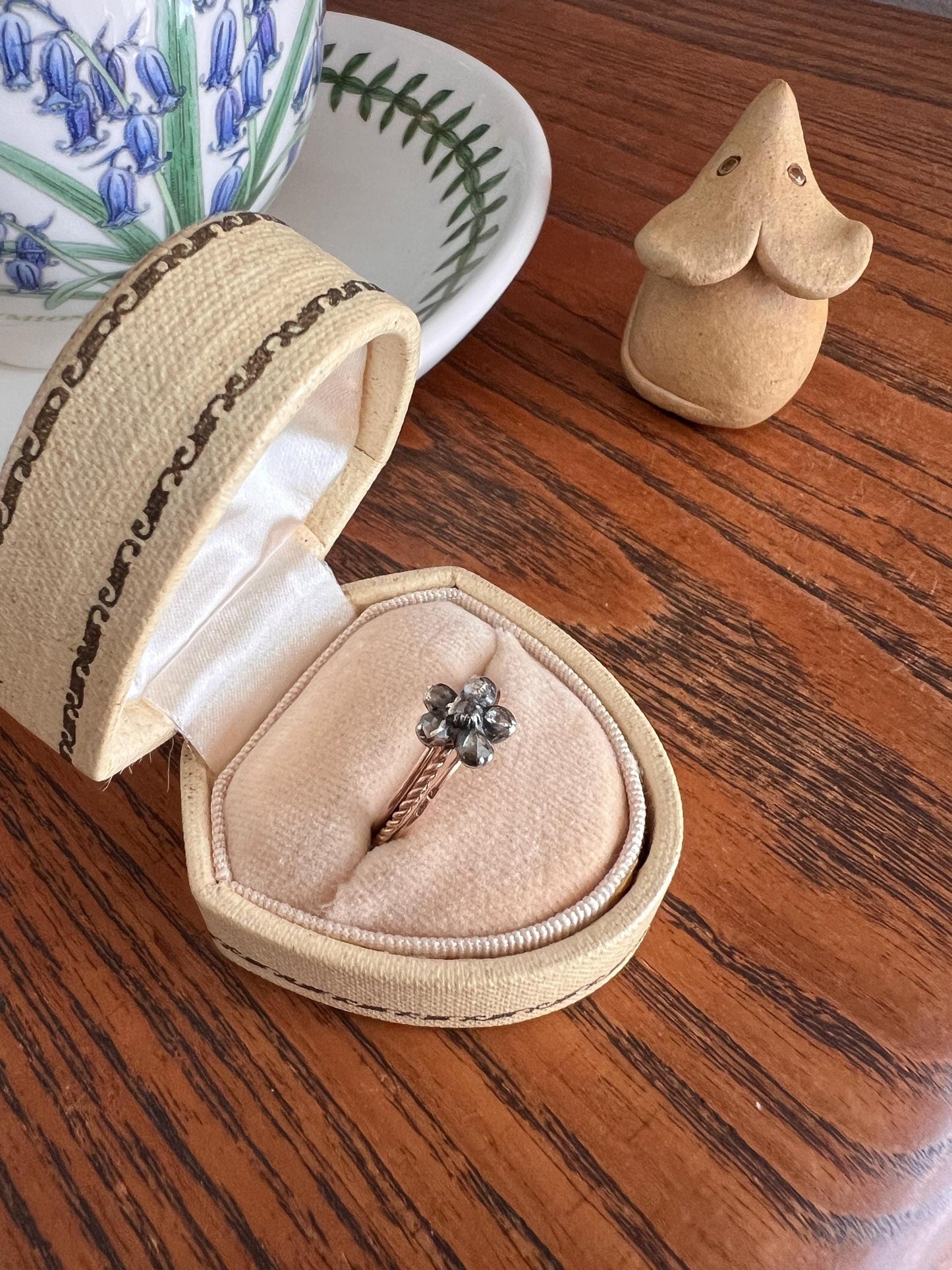 GEORGIAN Antique PANSY Floral Rose Cut Diamond Cluster Slide 18k GOLD Skinny Multi Three Band Stacker Ring French Love Gift Forget Me Not