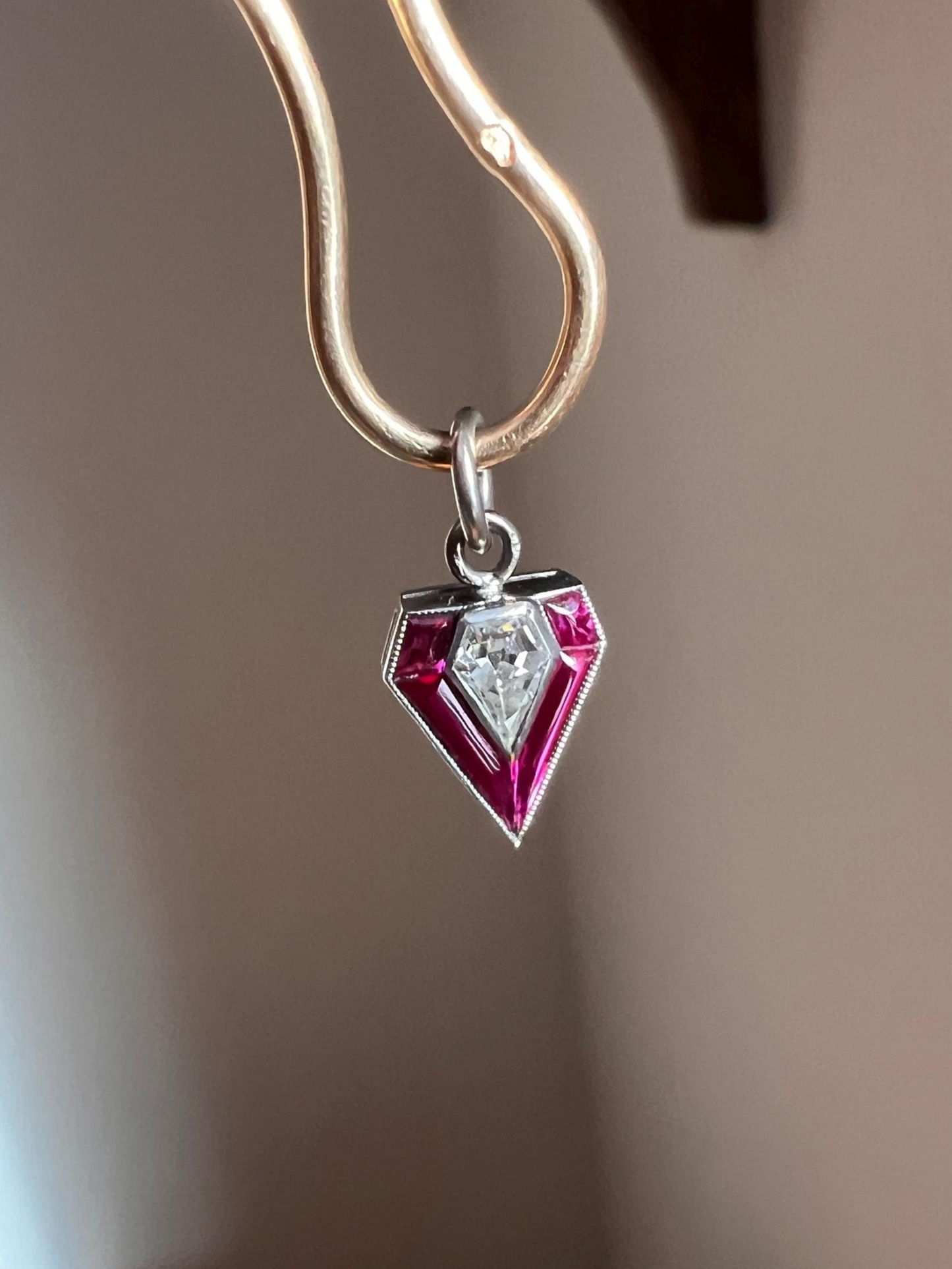 PENTAGON Antique RARE 5 Sided Shield Kite Lozenge Old Cut DIAMOND 18k White Gold Eye Clean Pendant Art Deco Pink Ruby Halo One of Kind Gift Charm