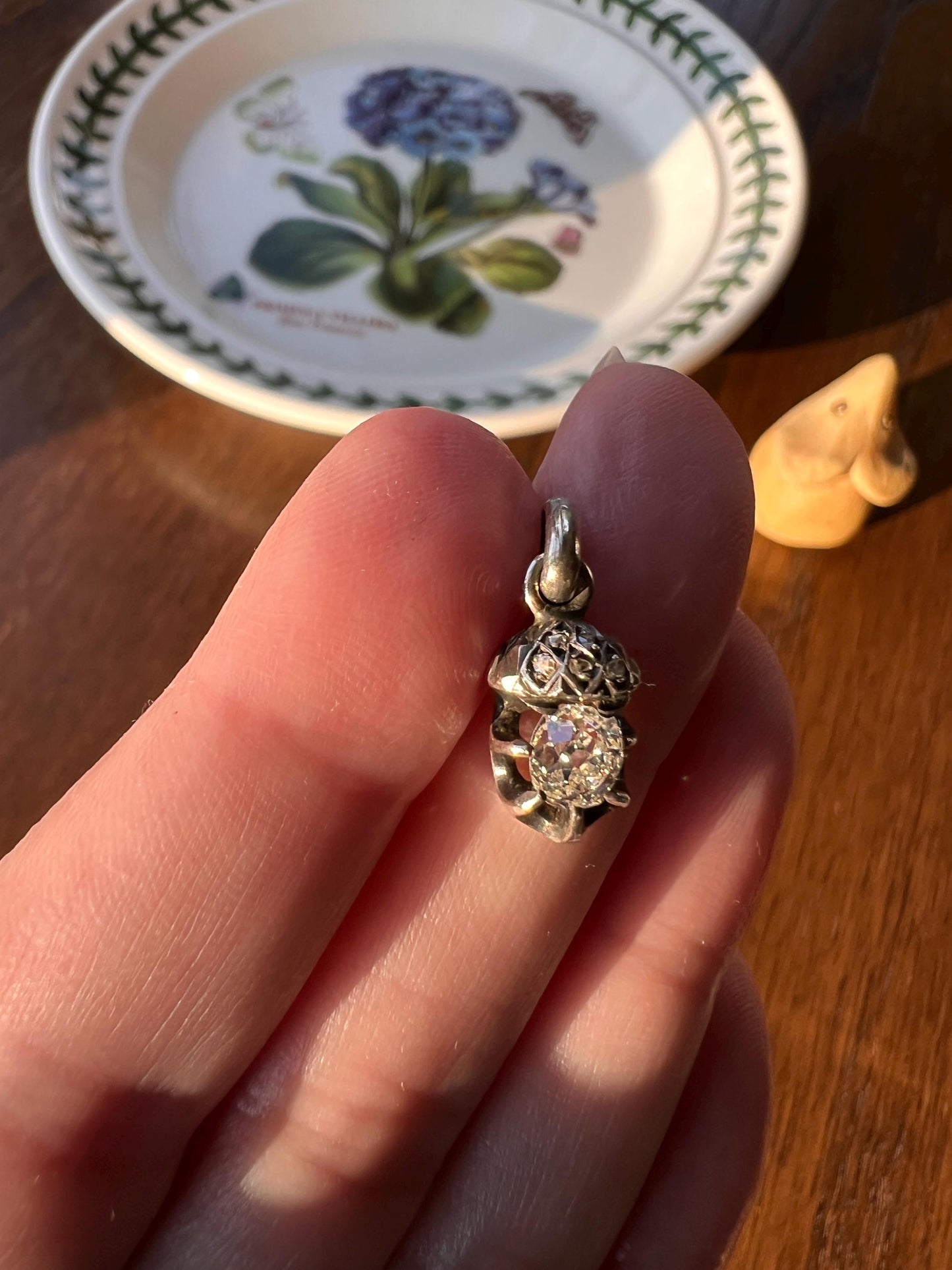 ACORN Eye Clean .65 Carat Old Mine Cut DIAMOND Rose Cut French Victorian ANTIQUE Figural Pendant Necklace or Bracelet Charm 18k Gold Silver