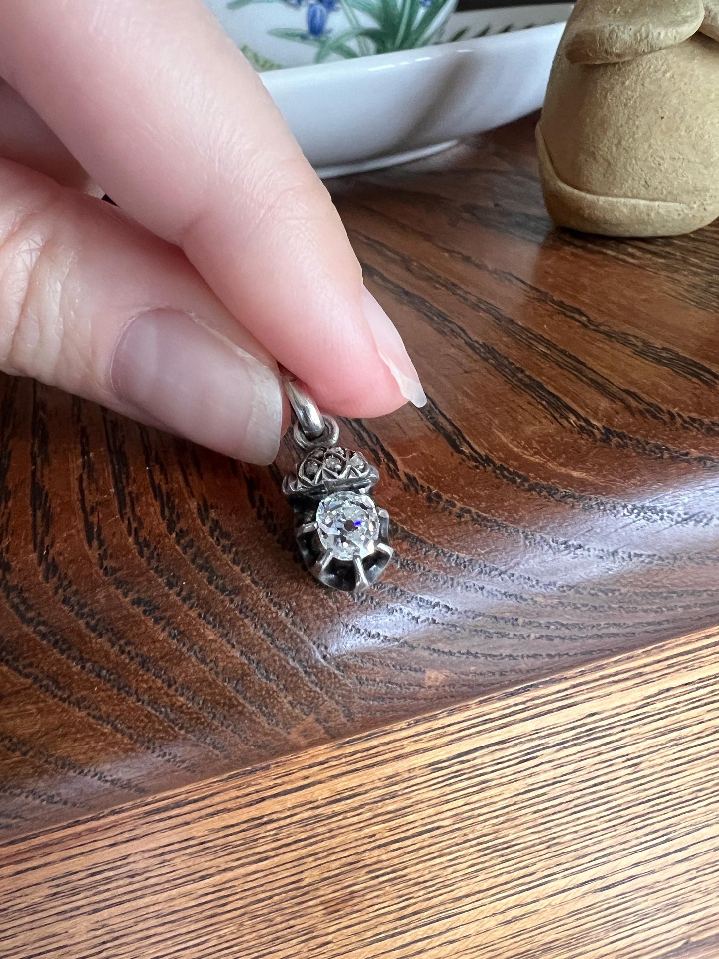 ACORN Eye Clean .65 Carat Old Mine Cut DIAMOND Rose Cut French Victorian ANTIQUE Figural Pendant Necklace or Bracelet Charm 18k Gold Silver