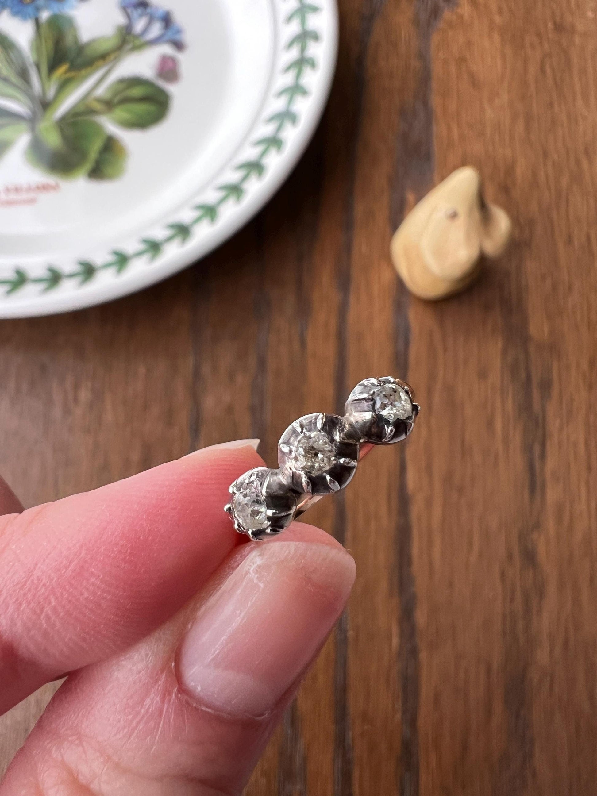Old Cut PASTE Three Stone Ring Stackable Band French Georgian Victorian Antique 18k Gold Silver Collet Dainty Minimalist Collectible Gift