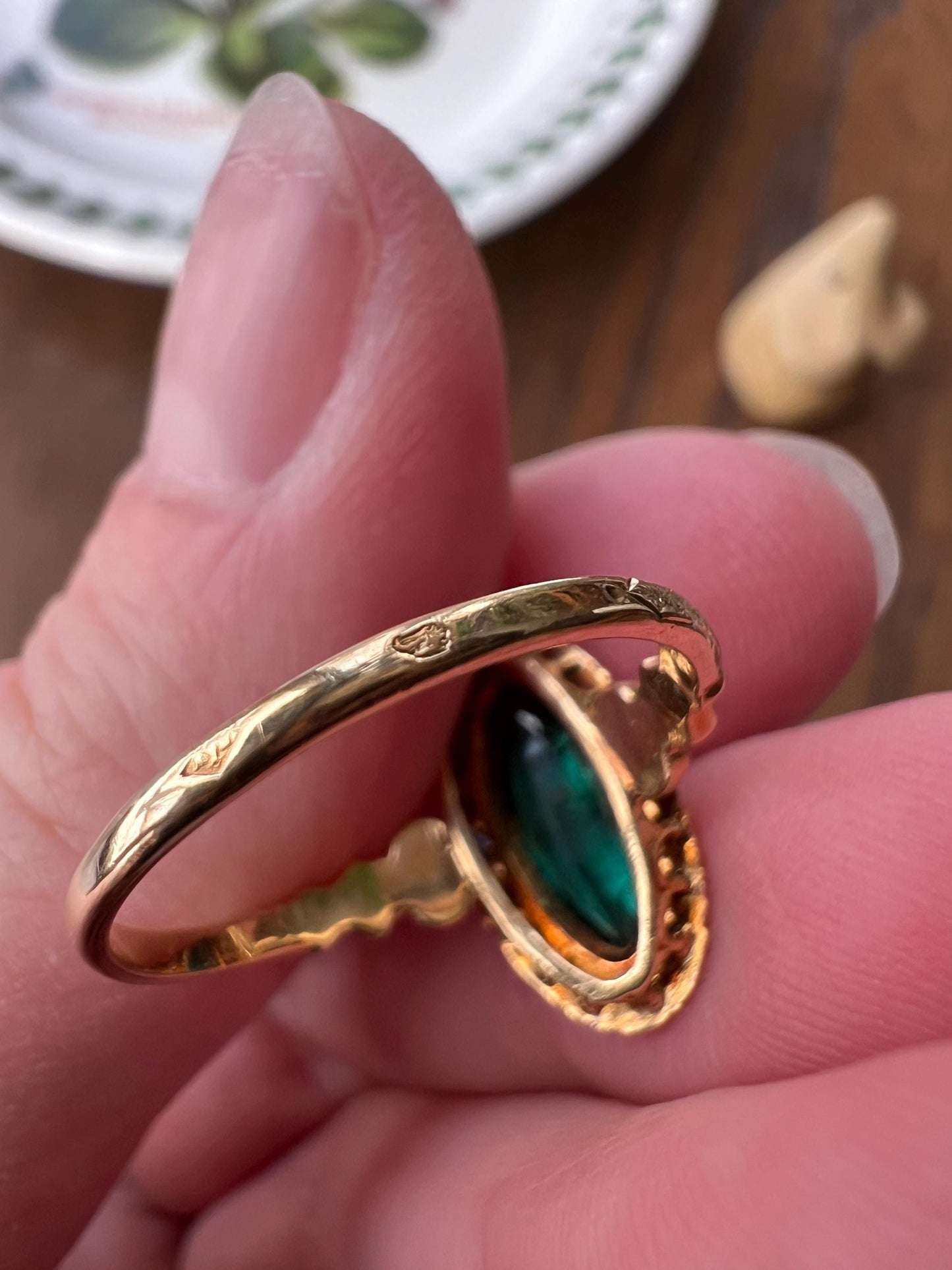 Oval NAVETTE Green Teal Paste Emerald Seed Pearl Halo French Marquise Victorian Antique 18k Gold Pop of Color Ringstack French Belle Epoque