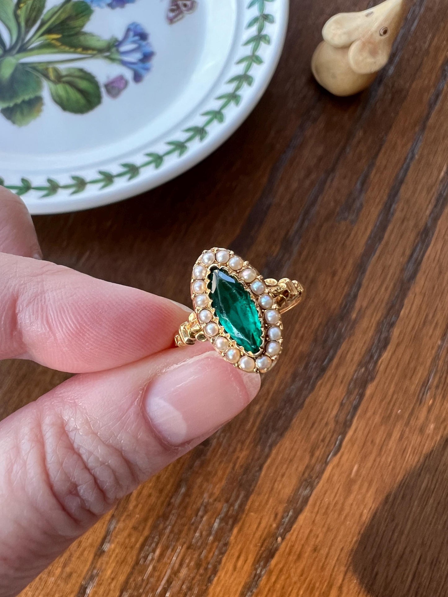 Oval NAVETTE Green Teal Paste Emerald Seed Pearl Halo French Marquise Victorian Antique 18k Gold Pop of Color Ringstack French Belle Epoque