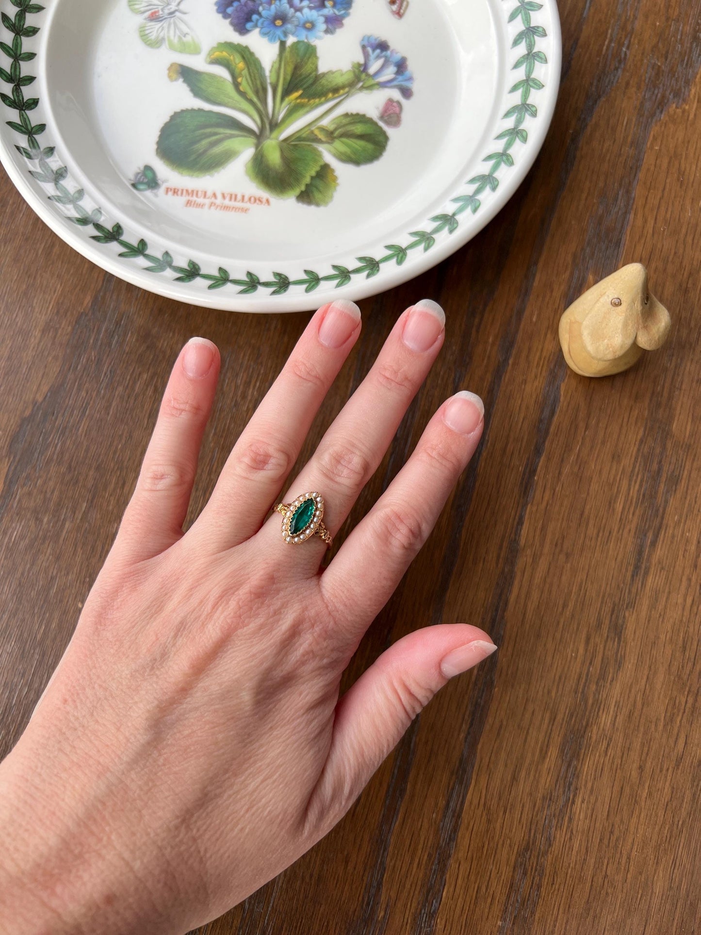 Oval NAVETTE Green Teal Paste Emerald Seed Pearl Halo French Marquise Victorian Antique 18k Gold Pop of Color Ringstack French Belle Epoque