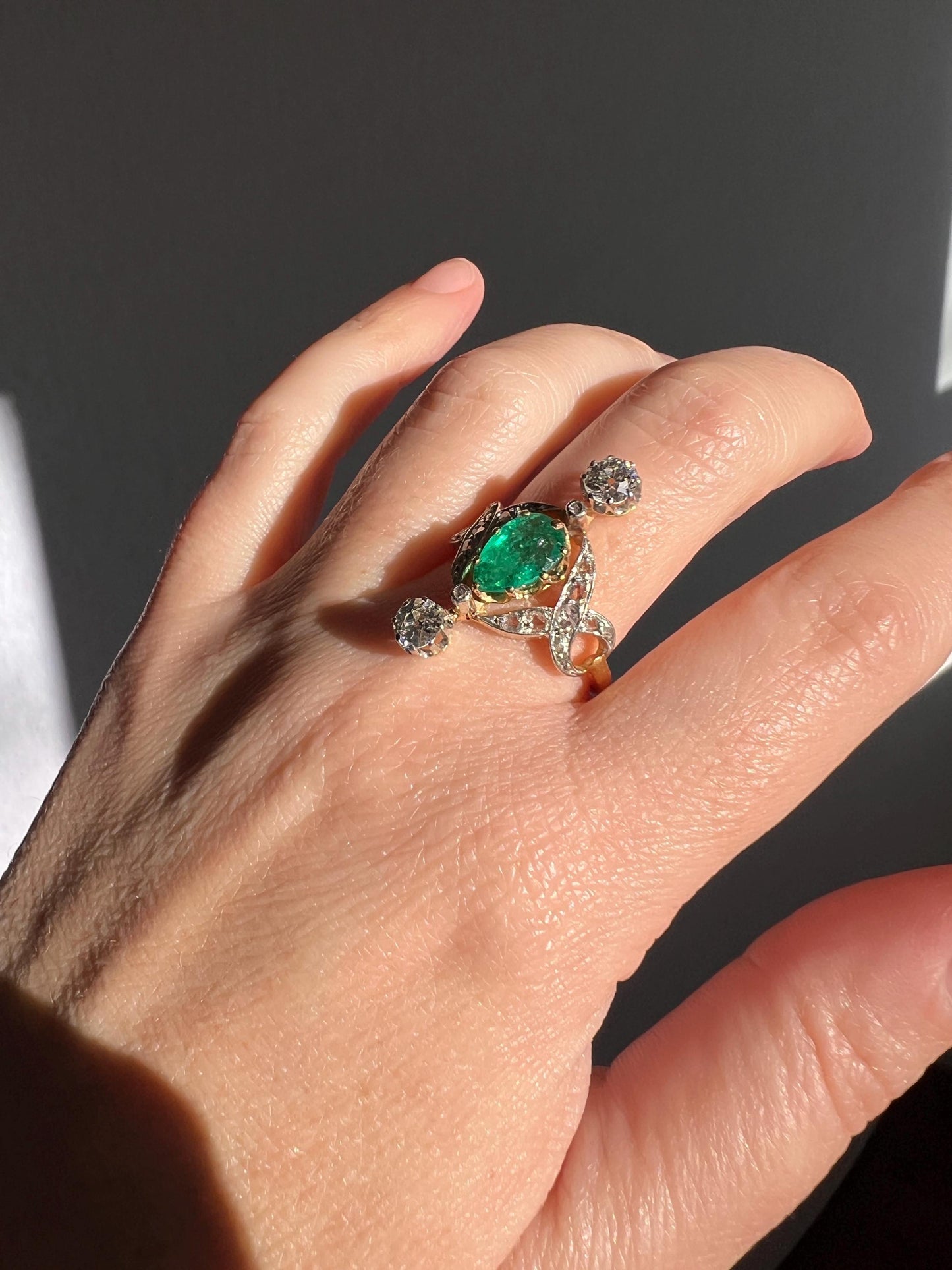 Antique Belle Epoque Pear EMERALD 1.5 Carat Rose Old Mine Cut Diamond XL Swirl Ring Ornate Stacker Gift French 18k Gold Edwardian Victorian