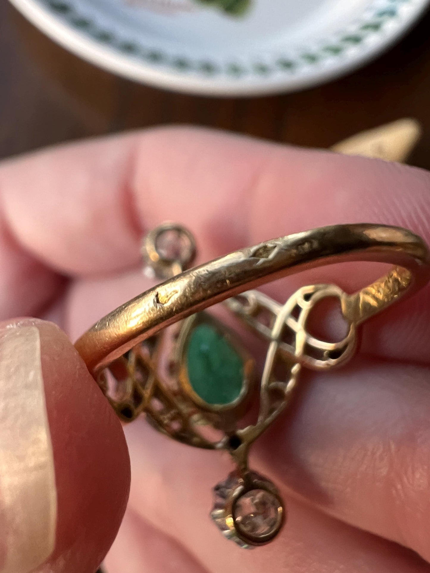 Antique Belle Epoque Pear EMERALD 1.5 Carat Rose Old Mine Cut Diamond XL Swirl Ring Ornate Stacker Gift French 18k Gold Edwardian Victorian