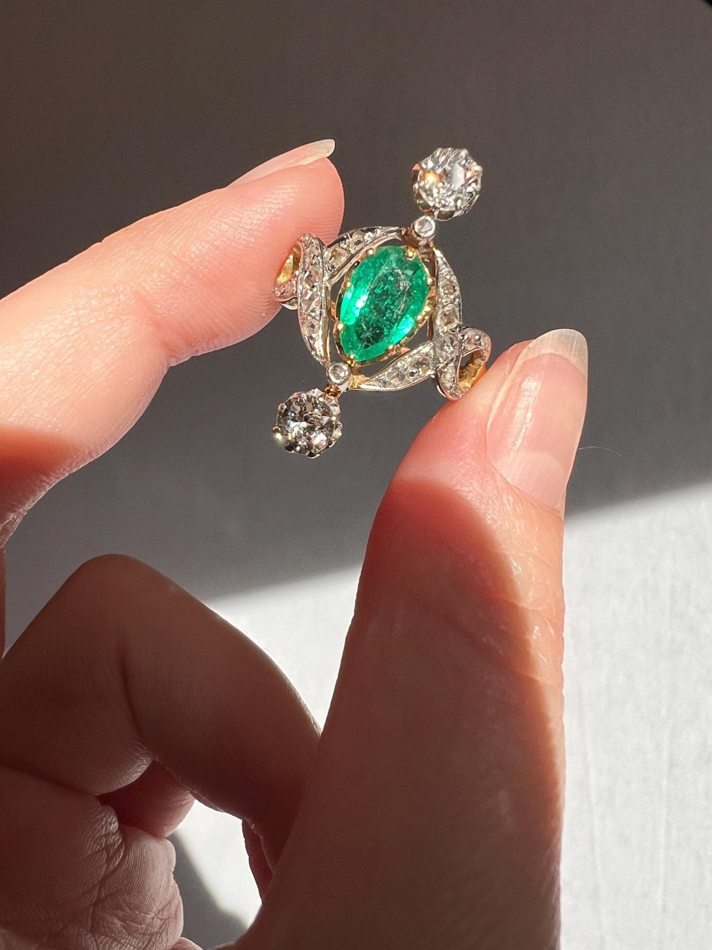 Antique Belle Epoque Pear EMERALD 1.5 Carat Rose Old Mine Cut Diamond XL Swirl Ring Ornate Stacker Gift French 18k Gold Edwardian Victorian
