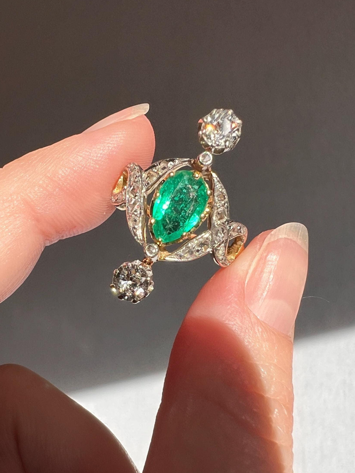 Antique Belle Epoque Pear EMERALD 1.5 Carat Rose Old Mine Cut Diamond XL Swirl Ring French 18k Gold