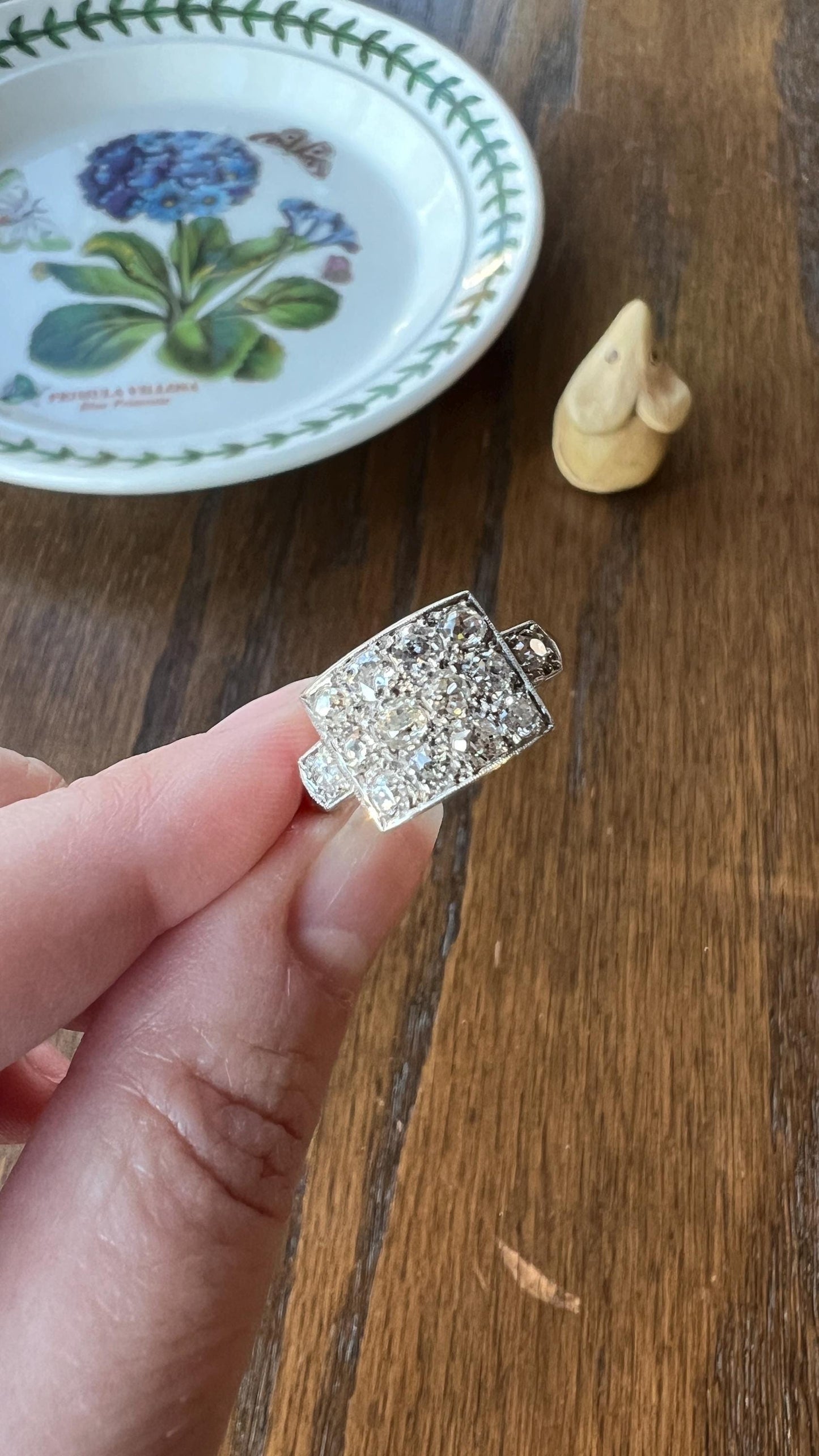 CURVED Two Carat 14 Old Mine Cut DIAMOND Cluster Grid Ring French Antique Platinum Geometric Stacker Cobblestone Texture Romantic Gift OmC