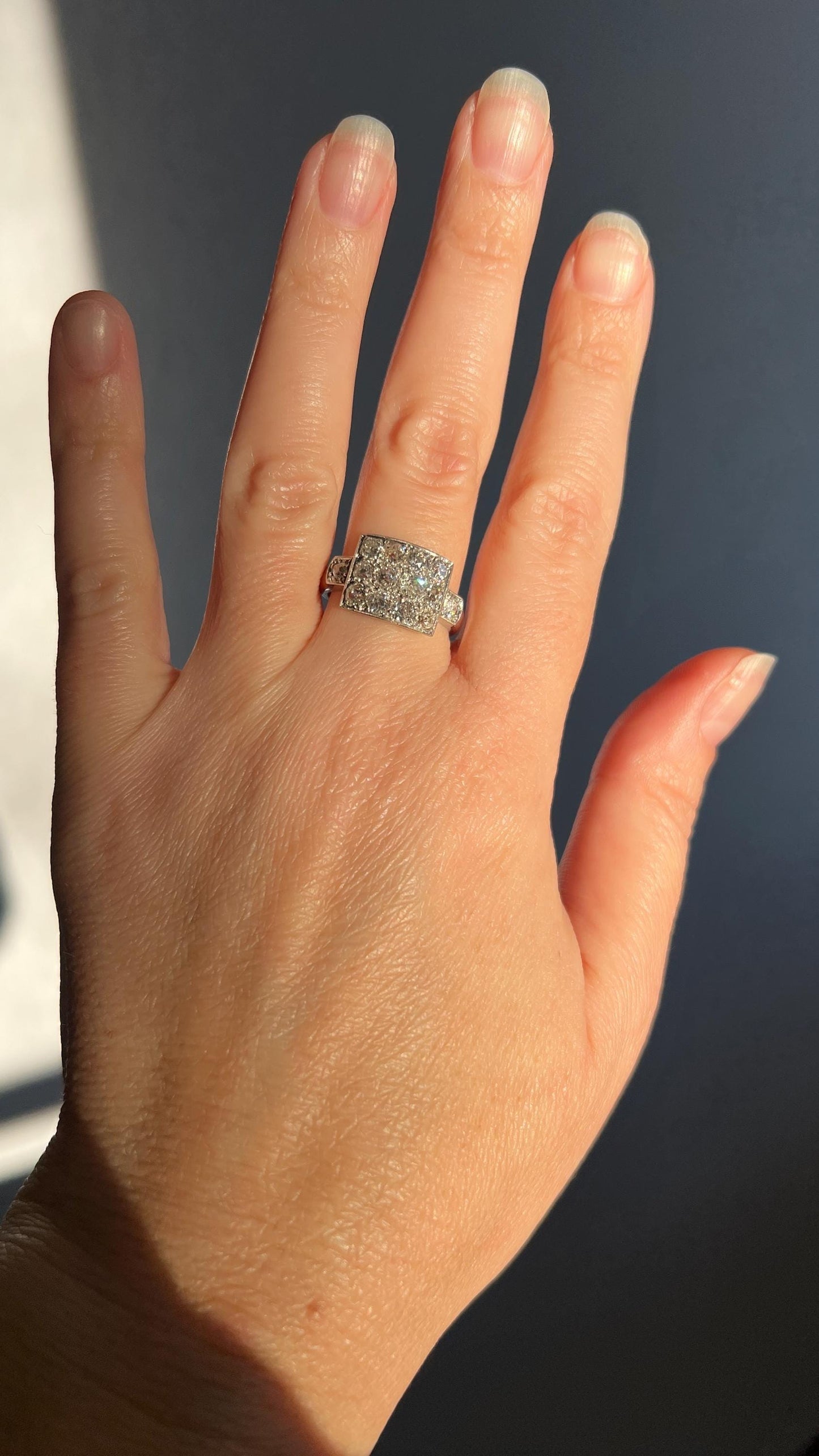 CURVED Two Carat 14 Old Mine Cut DIAMOND Cluster Grid Ring French Antique Platinum Geometric Stacker Cobblestone Texture Romantic Gift OmC