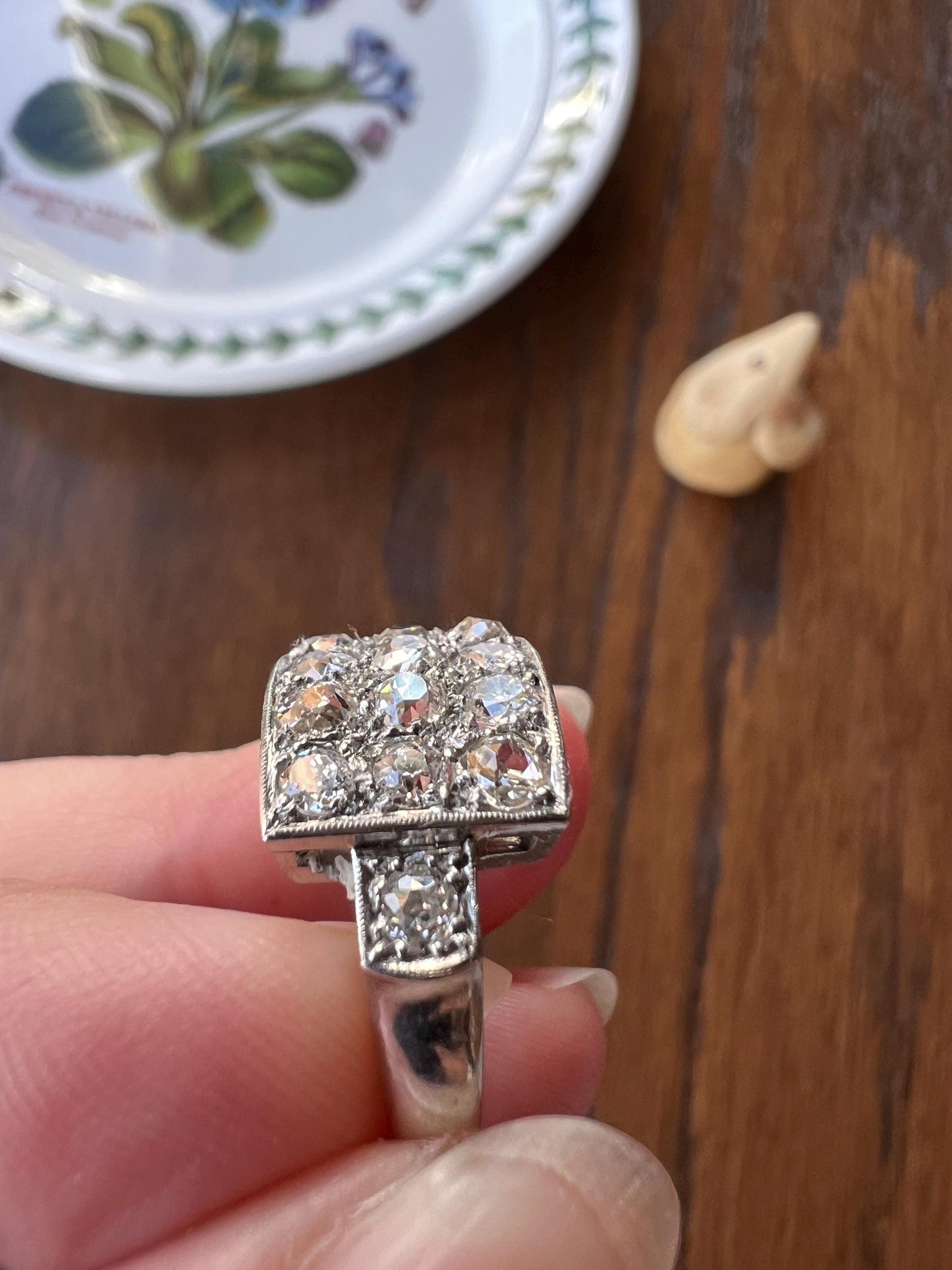 CURVED Two Carat 14 Old Mine Cut DIAMOND Cluster Grid Ring French Antique Platinum Geometric Stacker Cobblestone Texture Romantic Gift OmC