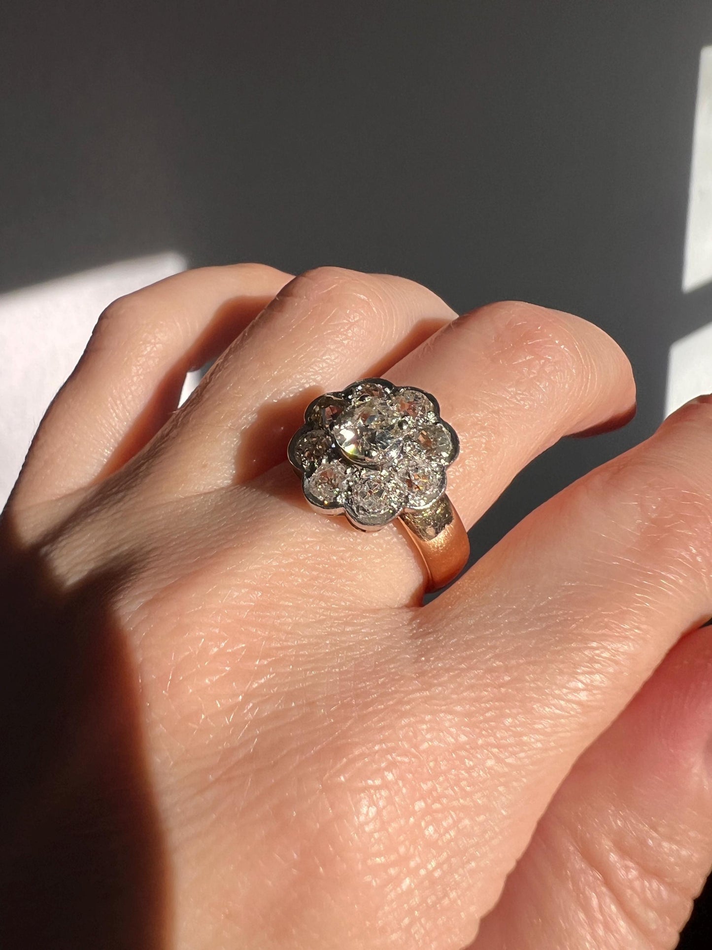 Large ANTIQUE 2.6 Carat Nine Stone Old Mine Cut Halo DiAMOND Ring 18k Gold PLATiNUM Wide Band Daisy Cluster Stacker Romantic Gift Floral OMC