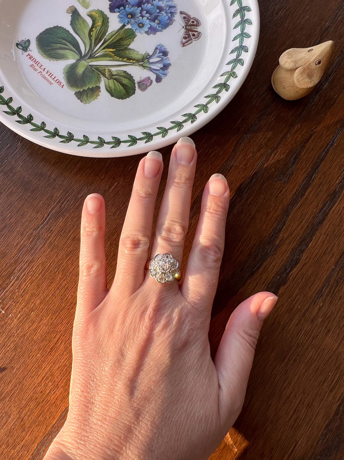 Large ANTIQUE 2.6 Carat Nine Stone Old Mine Cut Halo DiAMOND Ring 18k Gold PLATiNUM Wide Band Daisy Cluster Stacker Romantic Gift Floral OMC
