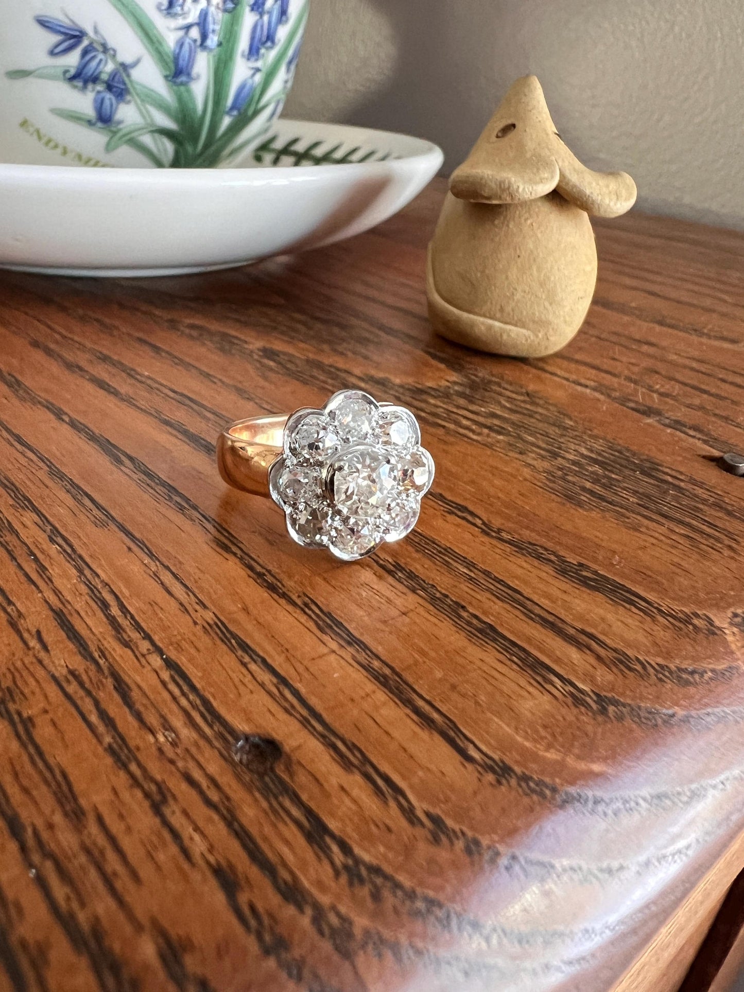 Large ANTIQUE 2.6 Carat Nine Stone Old Mine Cut Halo DiAMOND Ring 18k Gold PLATiNUM Wide Band Daisy Cluster Stacker Romantic Gift Floral OMC