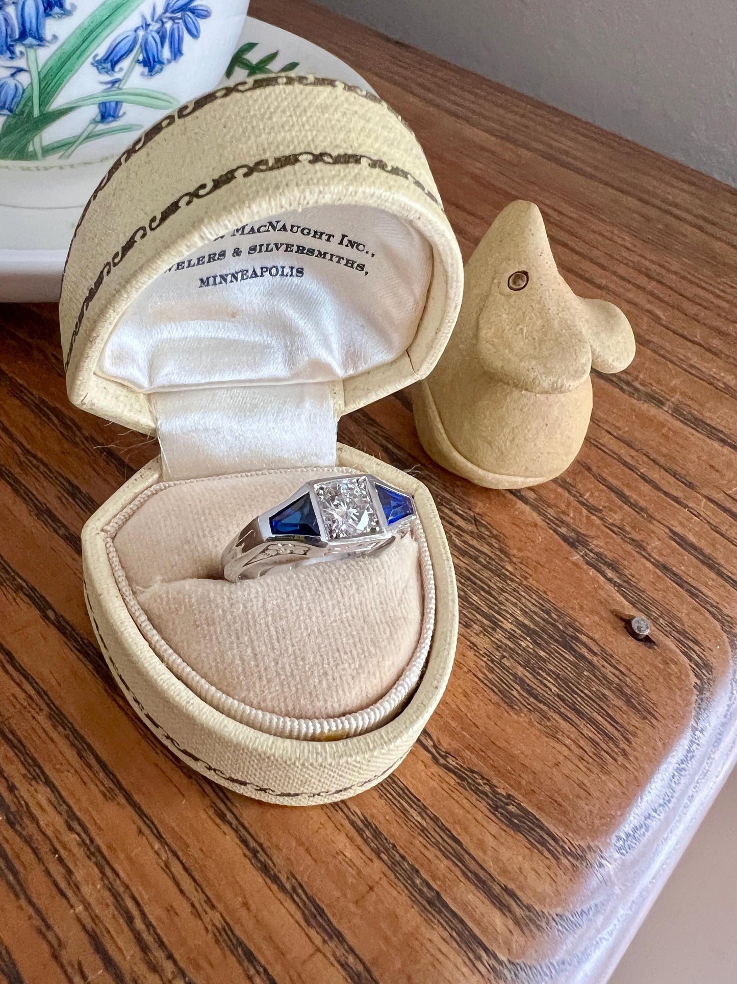 Three Stone FLORAL Engraved Vintage Art Deco Style .65Ct Diamond Sapphire Three Stone Ring French 18k White Gold Forget Me Not Stacker Blue