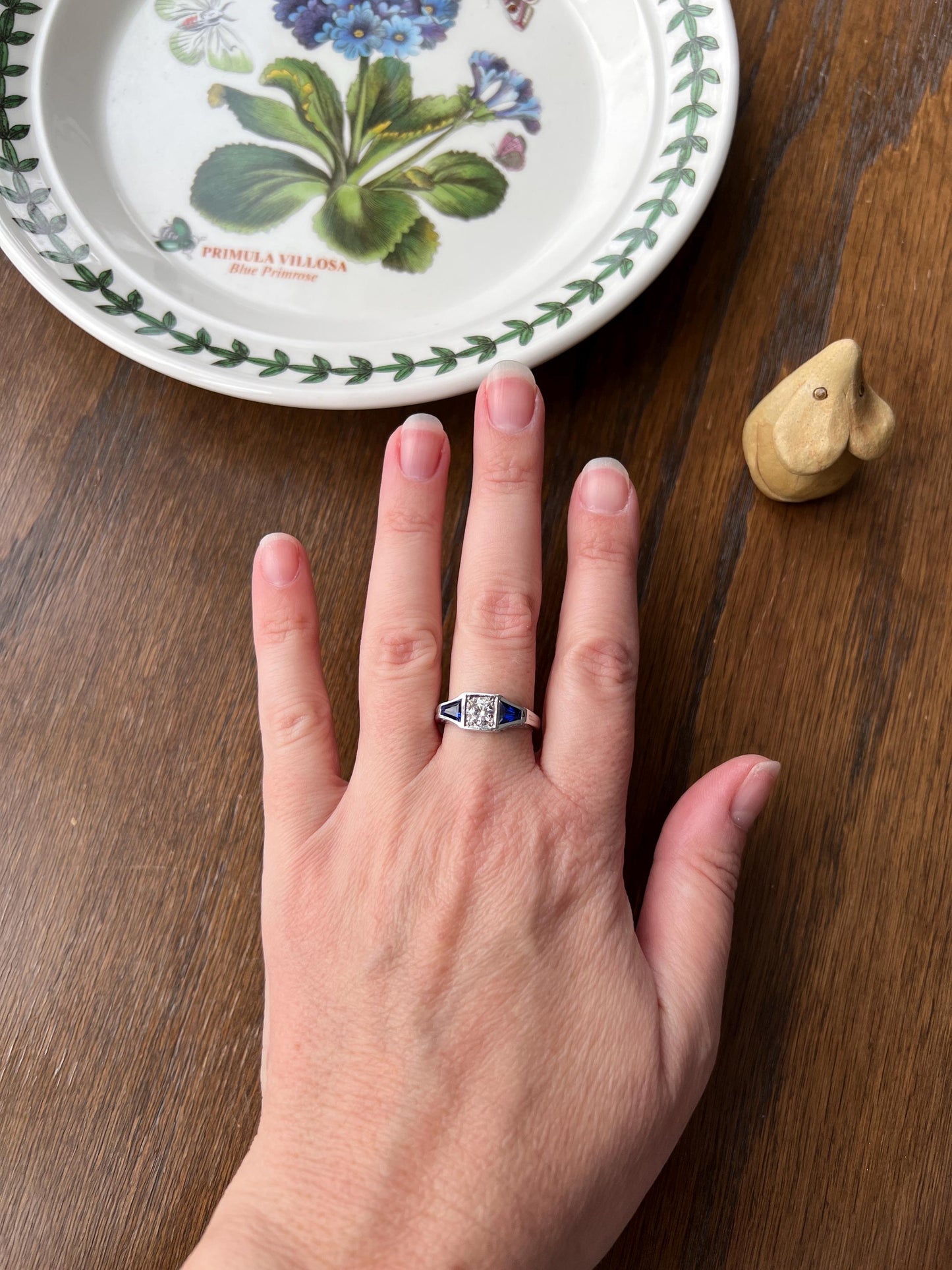 Three Stone FLORAL Engraved Vintage Art Deco Style .65Ct Diamond Sapphire Three Stone Ring French 18k White Gold Forget Me Not Stacker Blue