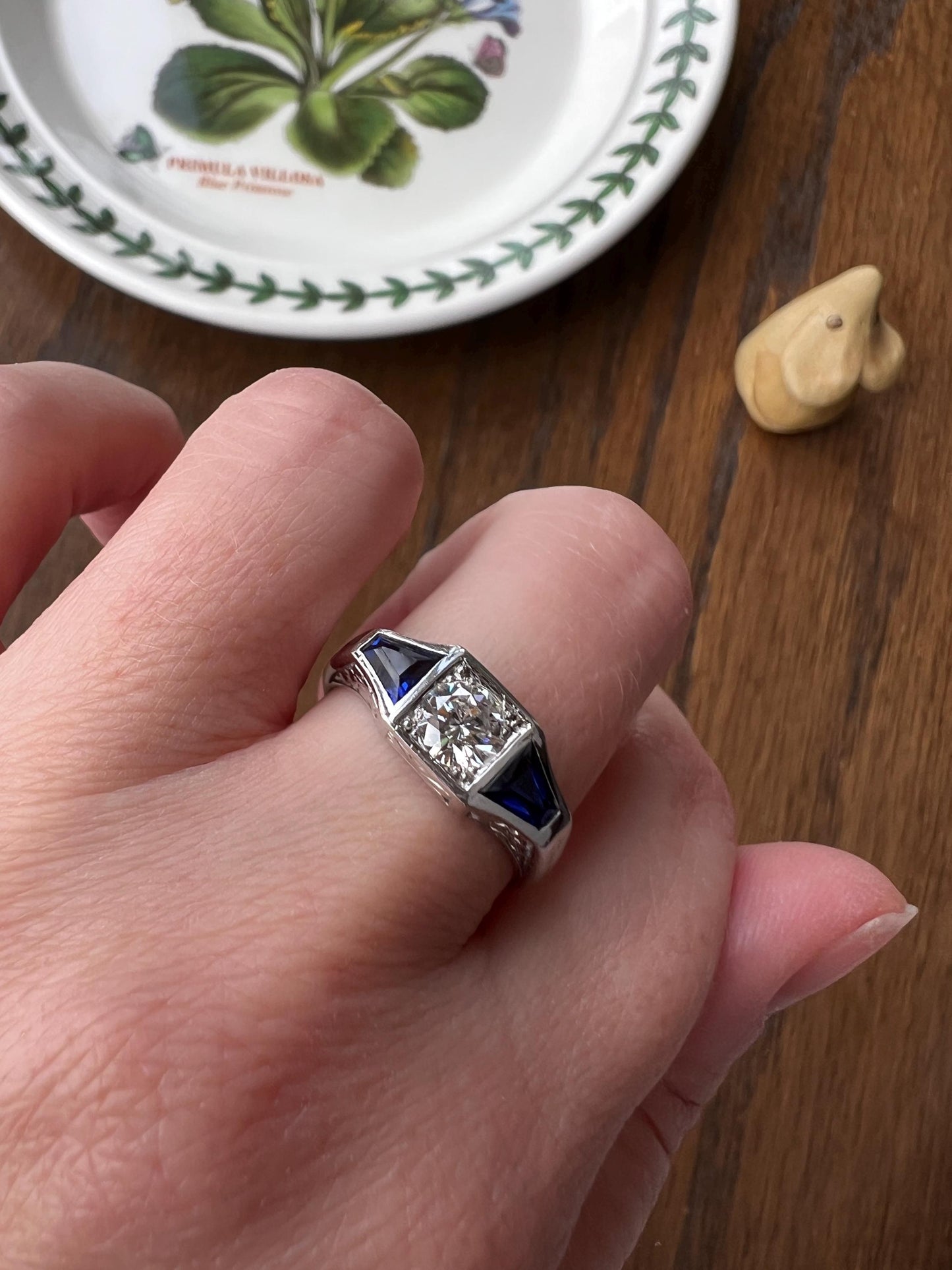 Three Stone FLORAL Engraved Vintage Art Deco Style .65Ct Diamond Sapphire Three Stone Ring French 18k White Gold Forget Me Not Stacker Blue