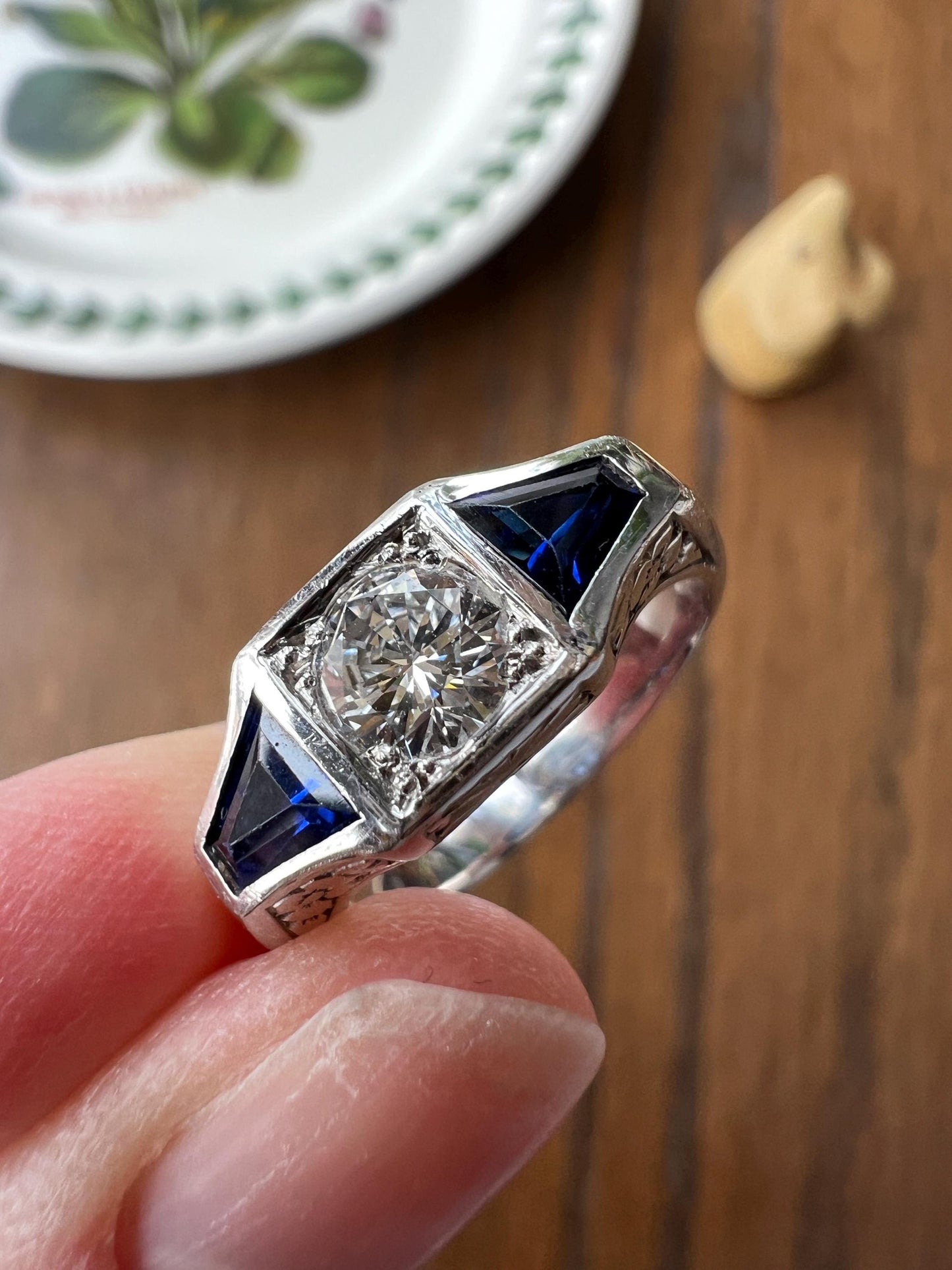 Three Stone FLORAL Engraved Vintage Art Deco Style .65Ct Diamond Sapphire Three Stone Ring French 18k White Gold Forget Me Not Stacker Blue
