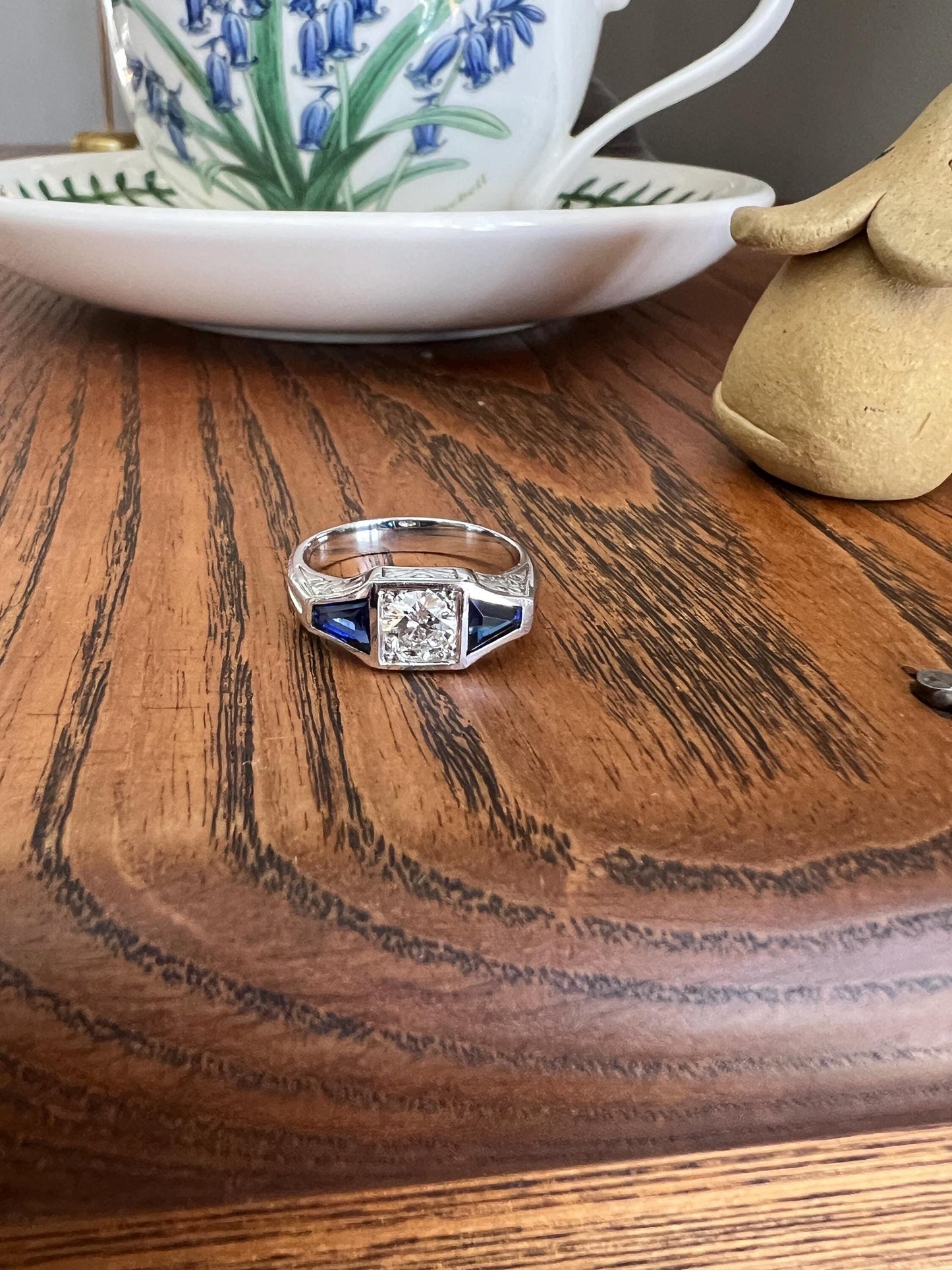 Three Stone FLORAL Engraved Vintage Art Deco Style .65Ct Diamond Sapphire Three Stone Ring French 18k White Gold Forget Me Not Stacker Blue