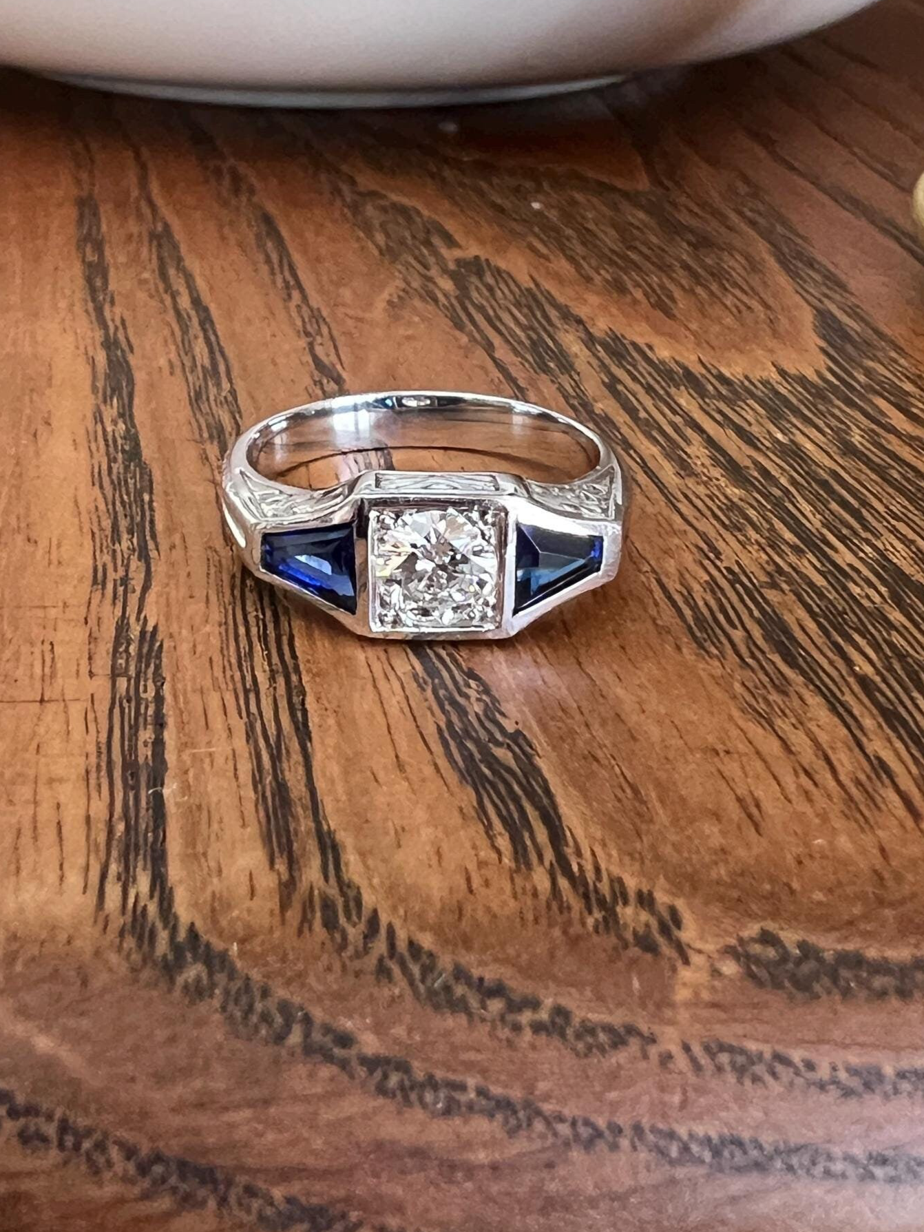 Three Stone FLORAL Engraved Vintage Art Deco Style .65Ct Diamond Sapphire Three Stone Ring French 18k White Gold