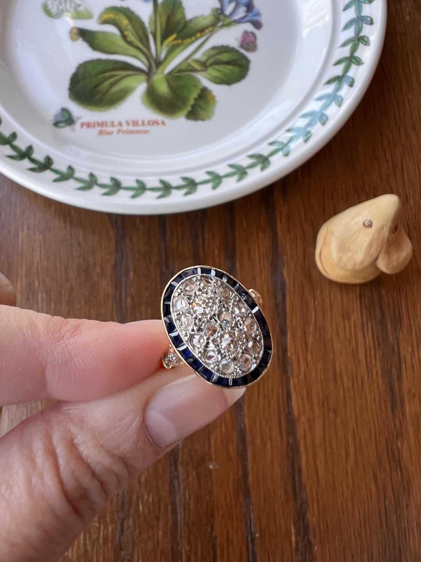 OVAL Rose Old Mine Cut Diamond HALO Ring French Antique 18k Gold Edwardian Carre Square Cut SAPPHIRE Halo Rare Stacker OmC Blue