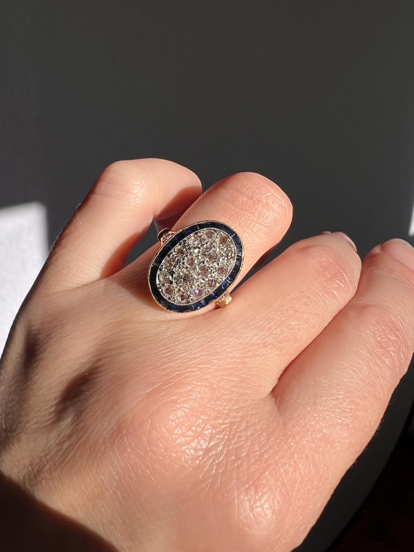 OVAL Rose Old Mine Cut Diamond HALO Ring French Antique 18k Gold Edwardian Carre Square Cut SAPPHIRE Halo Rare Stacker OmC Blue